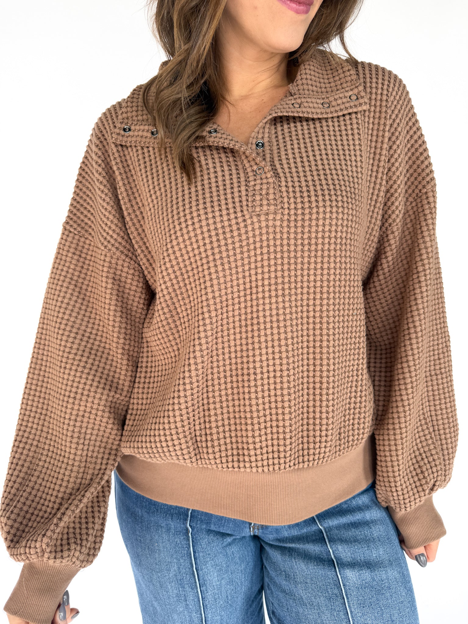 Half Button Waffle Knit Pullover - Ana Patricia Boutique