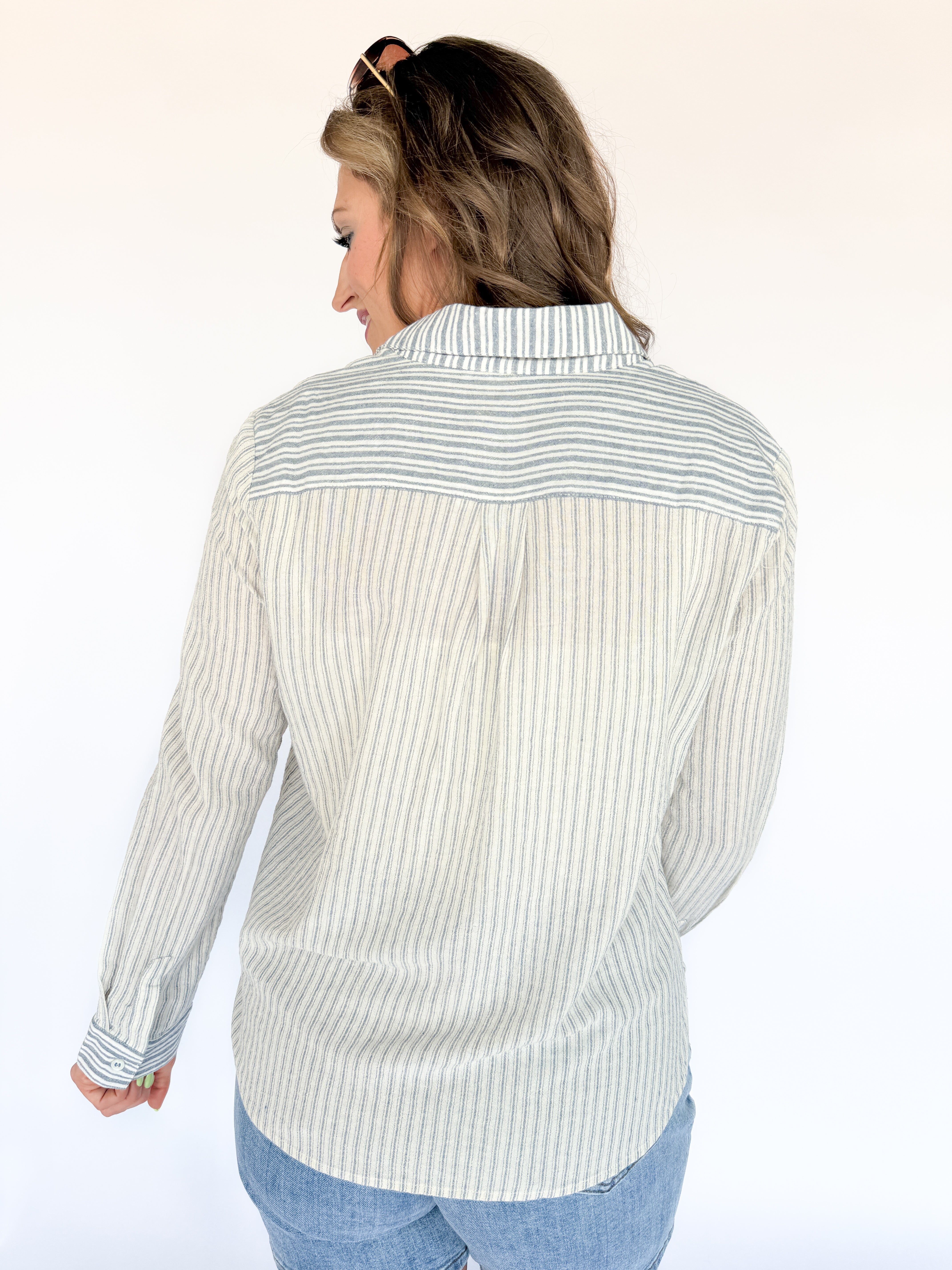 Muted Stripe Button Up- Off White/Blue - Ana Patricia Boutique