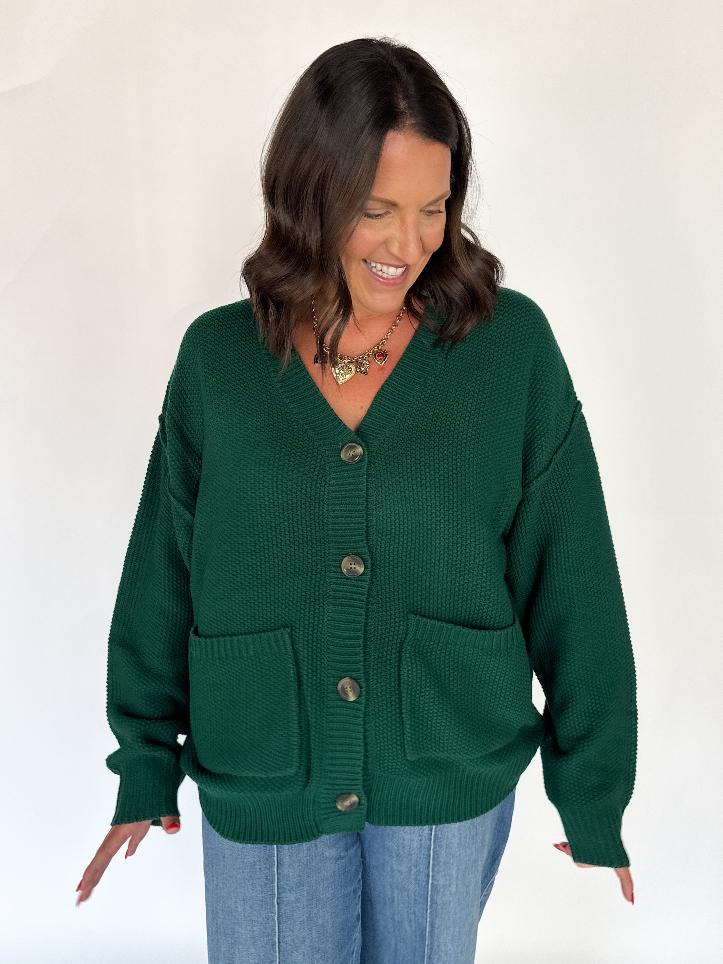 V Neck Waffleknit Cardigan- Dark Green - Ana Patricia Boutique