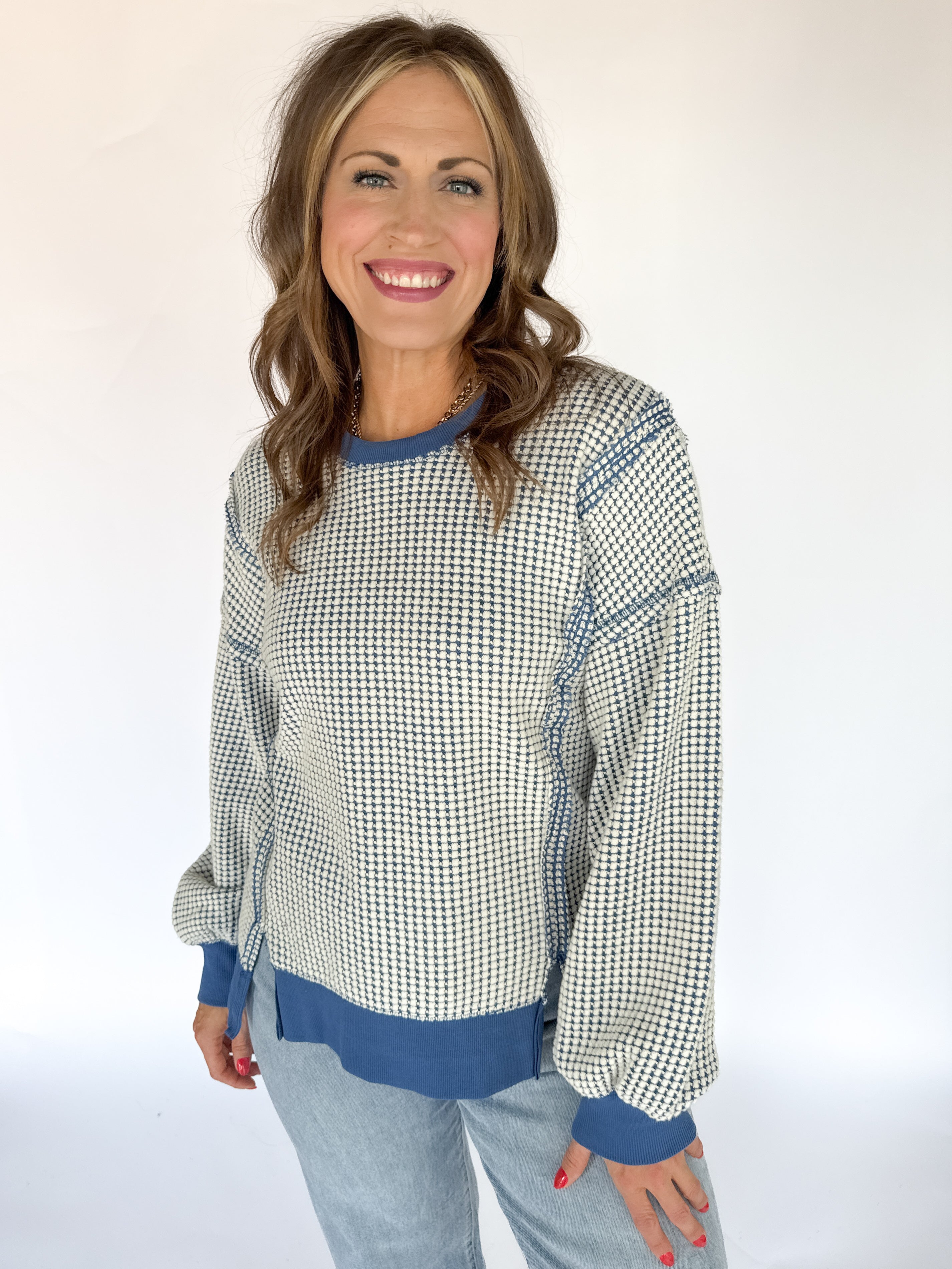 Oversized Waffleknit Pullover- Navy - Ana Patricia Boutique
