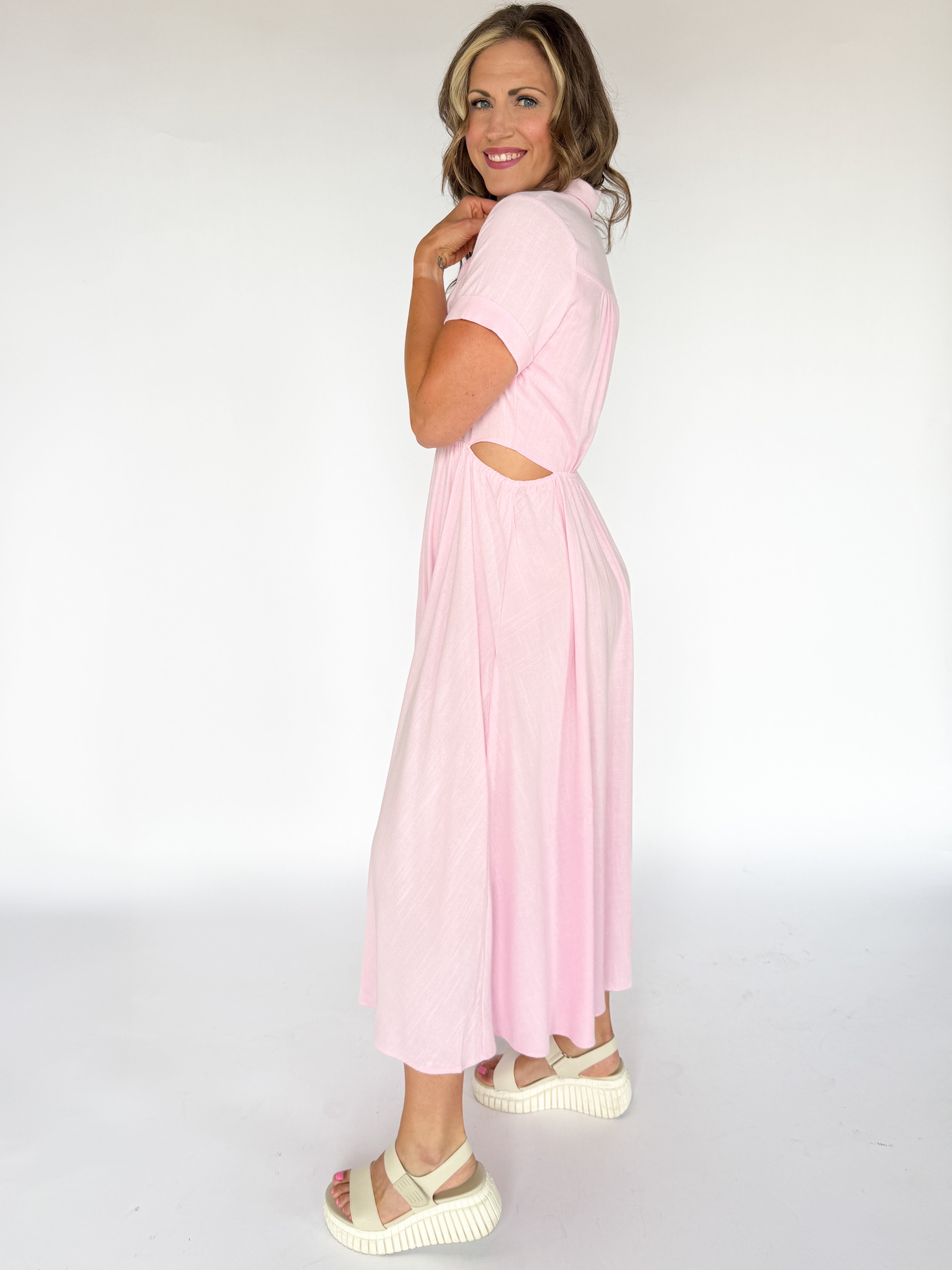Cut Out Side Maxi Shirtdress- Pink - Ana Patricia Boutique