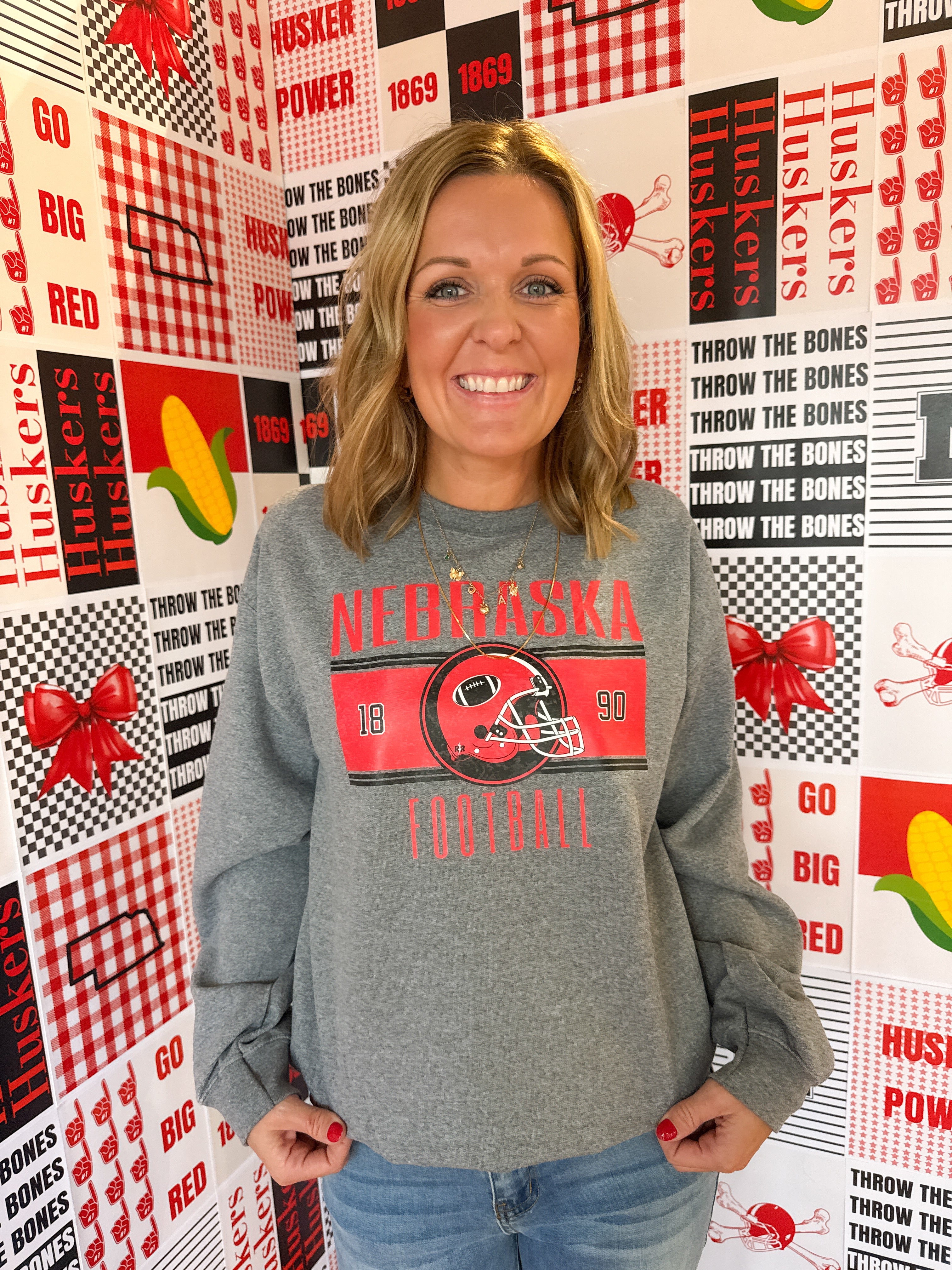 Nebraska Football Crewneck-Grey - Ana Patricia Boutique