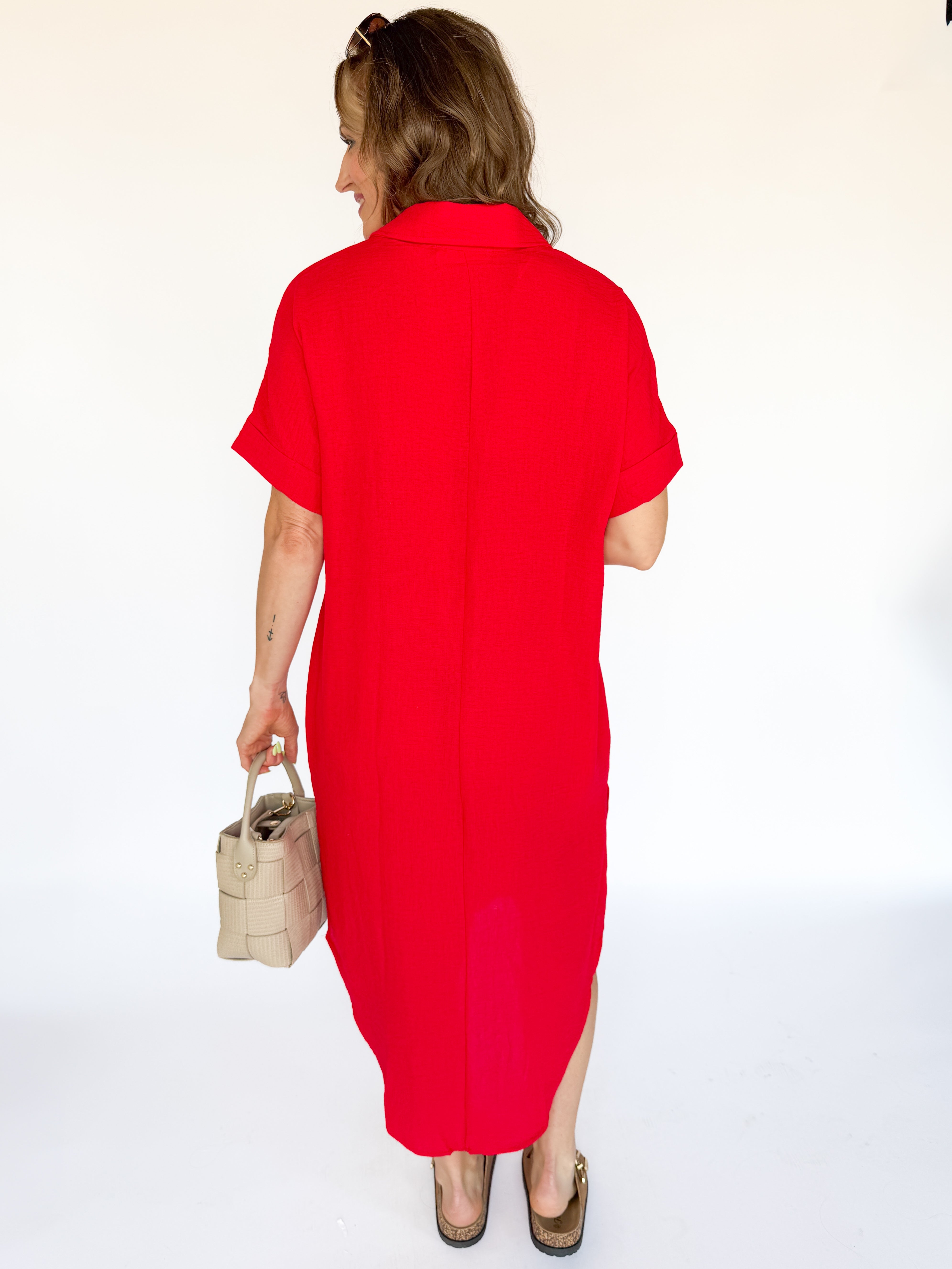 Button Down Midi Dress- Red - Ana Patricia Boutique