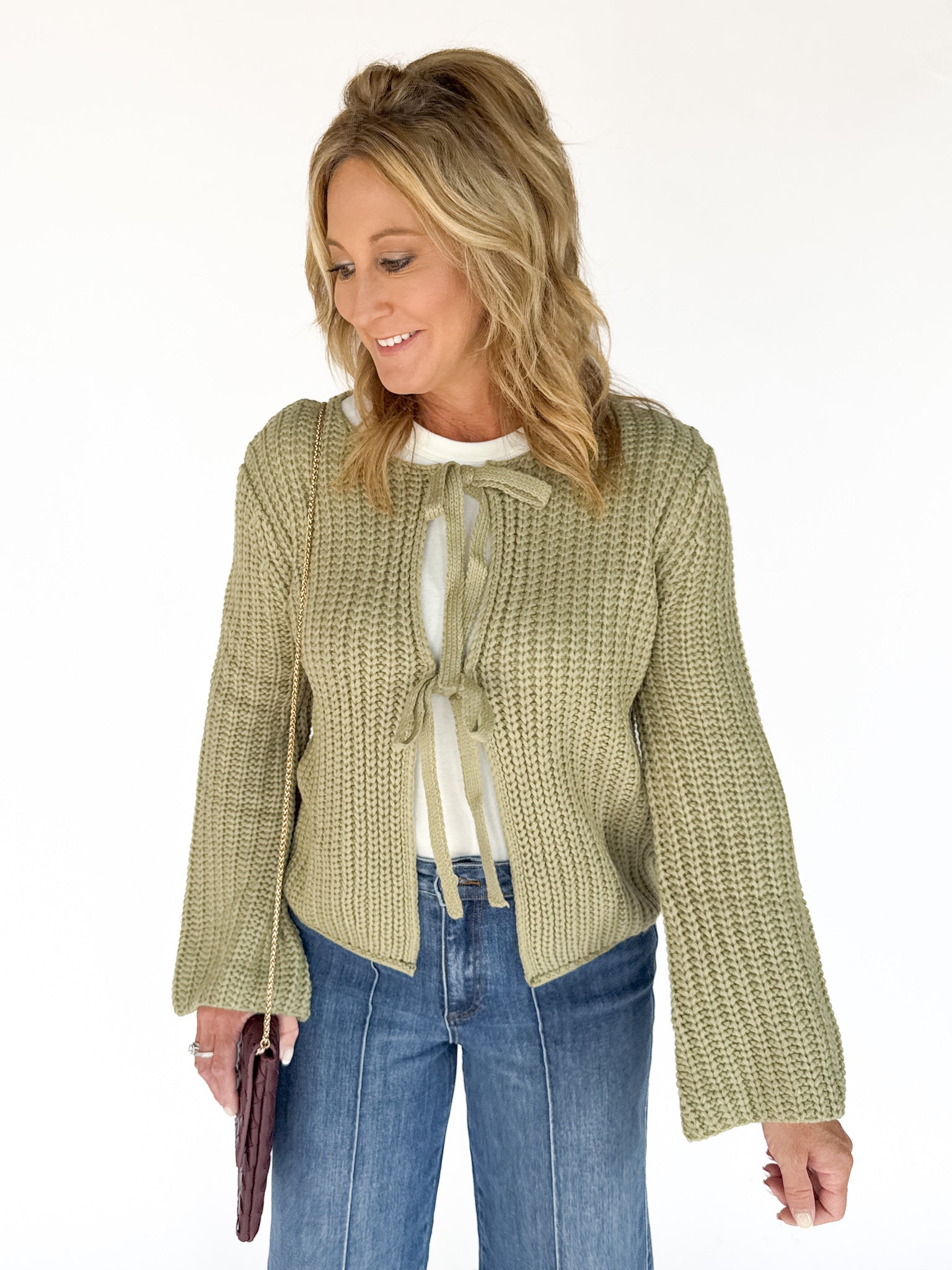Knit Bow Cardigan Sweater- Olive - Ana Patricia Boutique