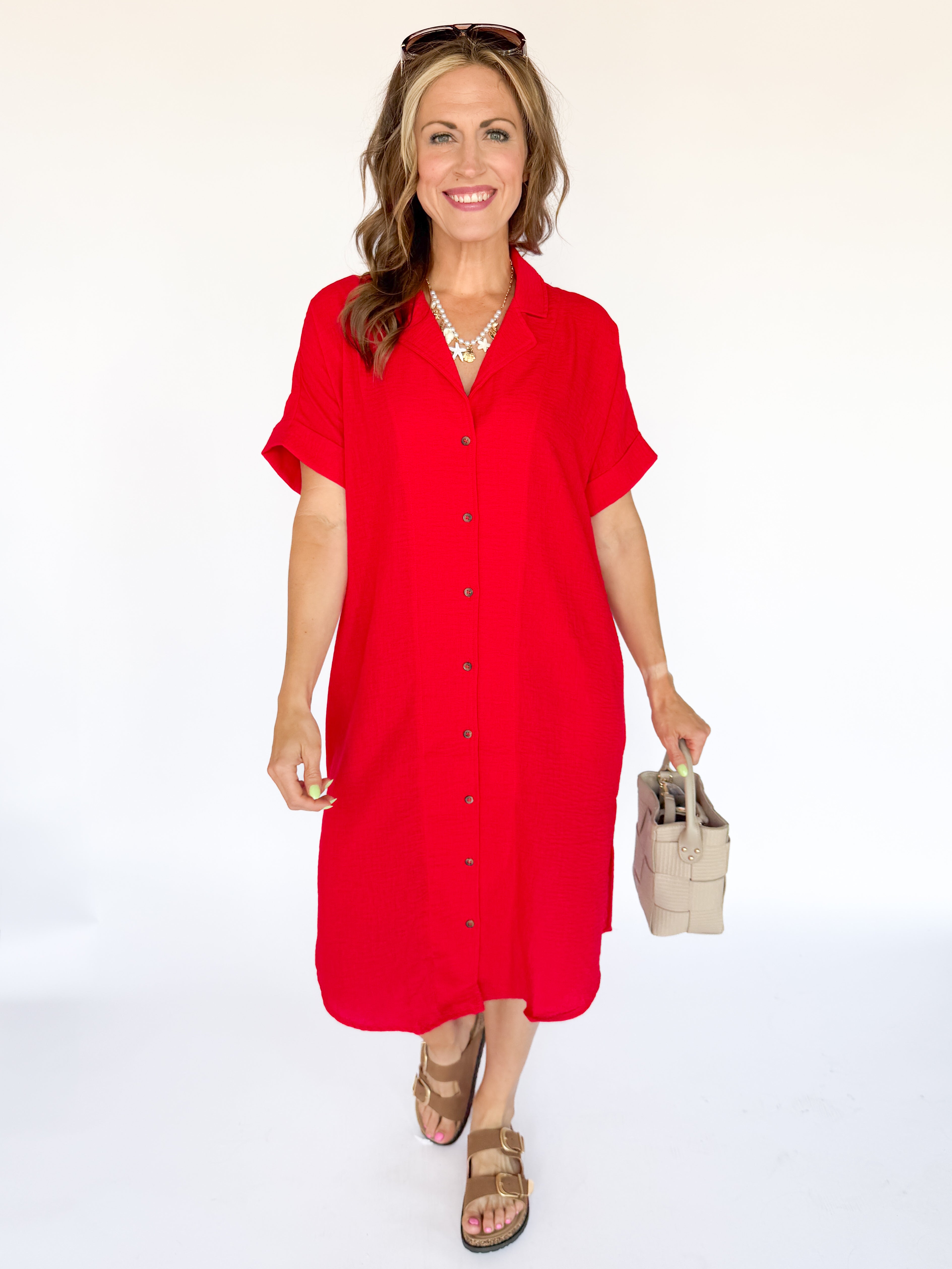 Button Down Midi Dress- Red - Ana Patricia Boutique