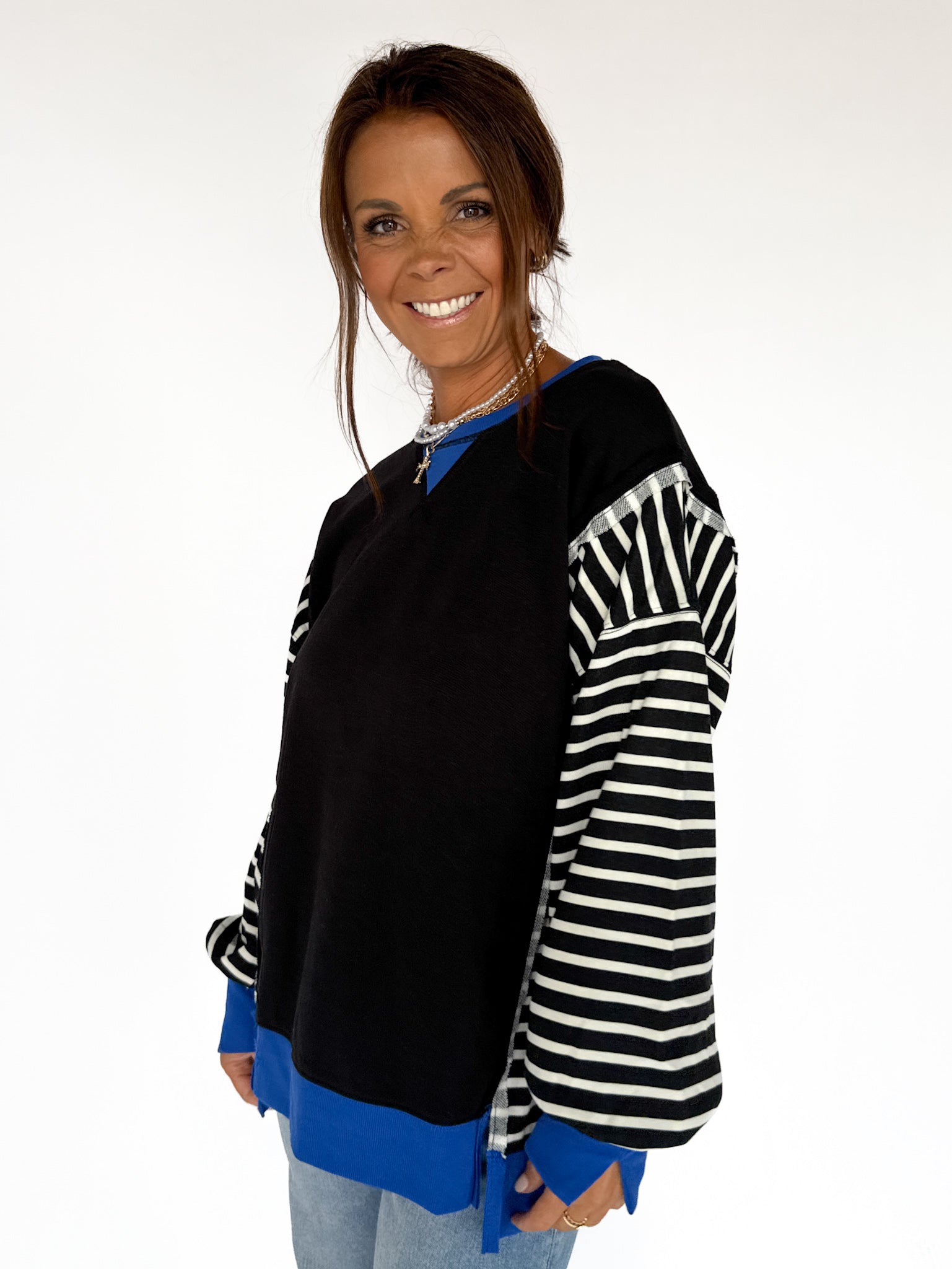 Stripe Sleeve Pullover-Blk/Blue - Ana Patricia Boutique