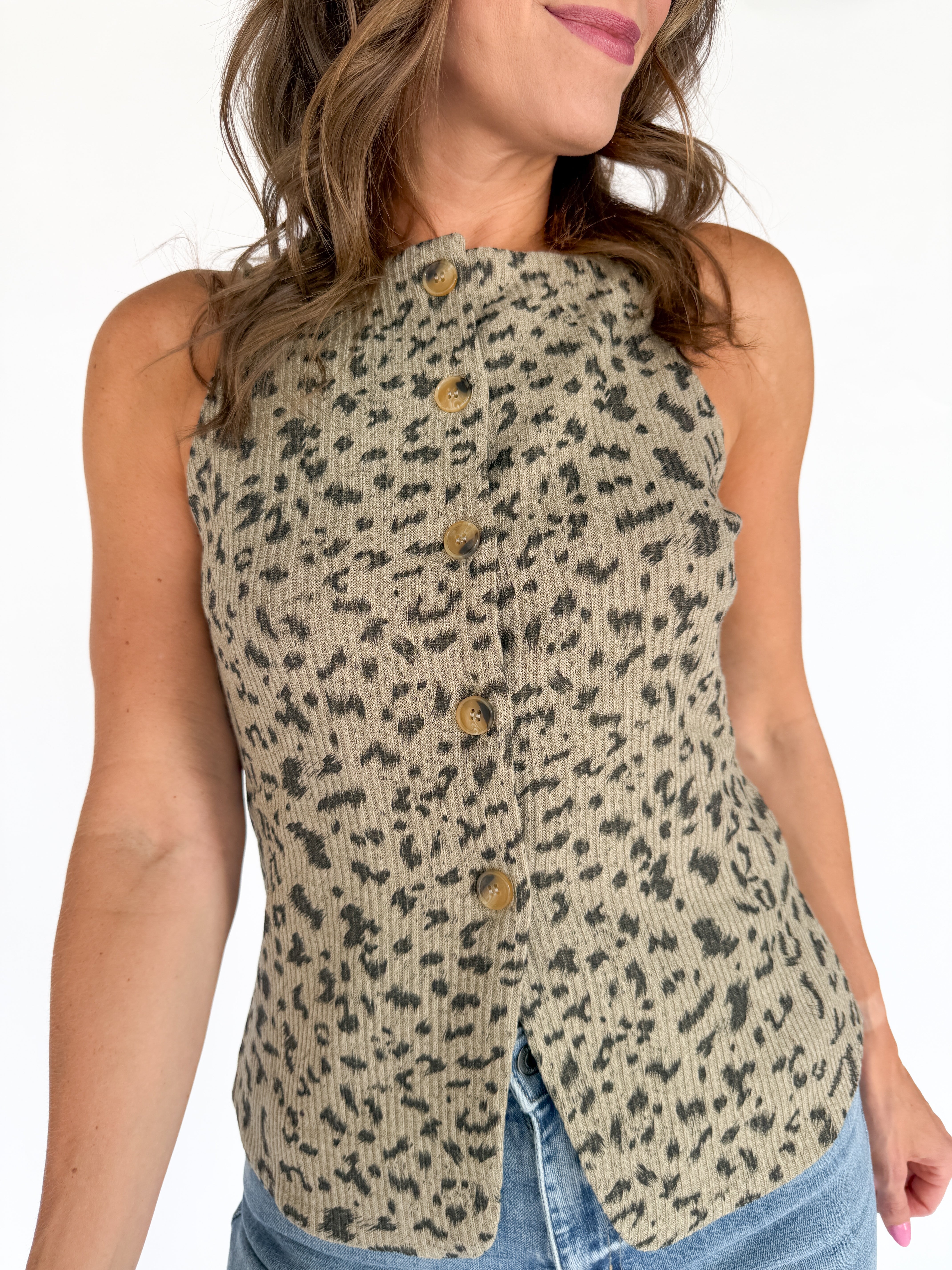 Ribbed Button Down Apron Top- Leopard - Ana Patricia Boutique