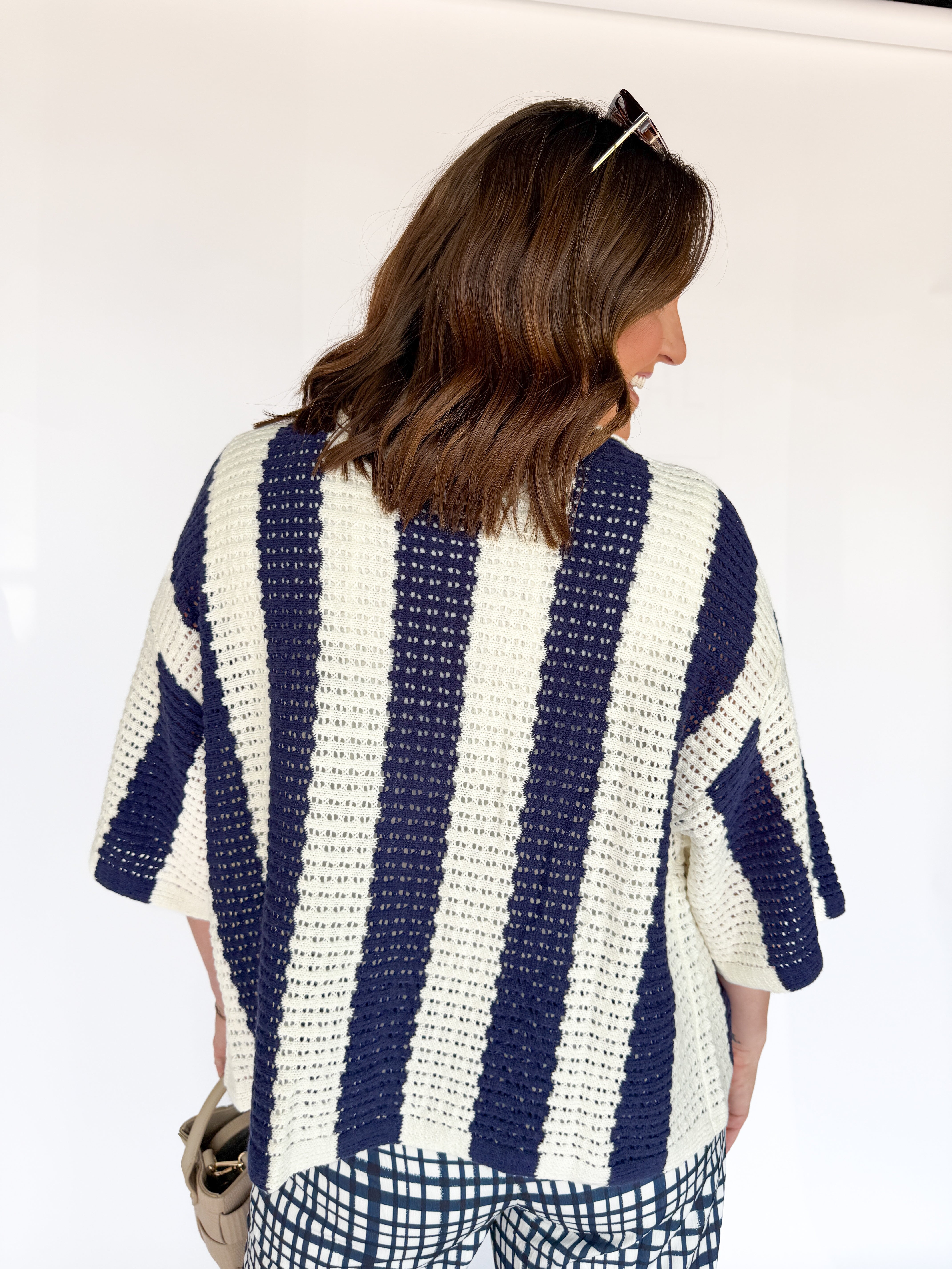 Collared Stripe Button Up Top- Navy - Ana Patricia Boutique