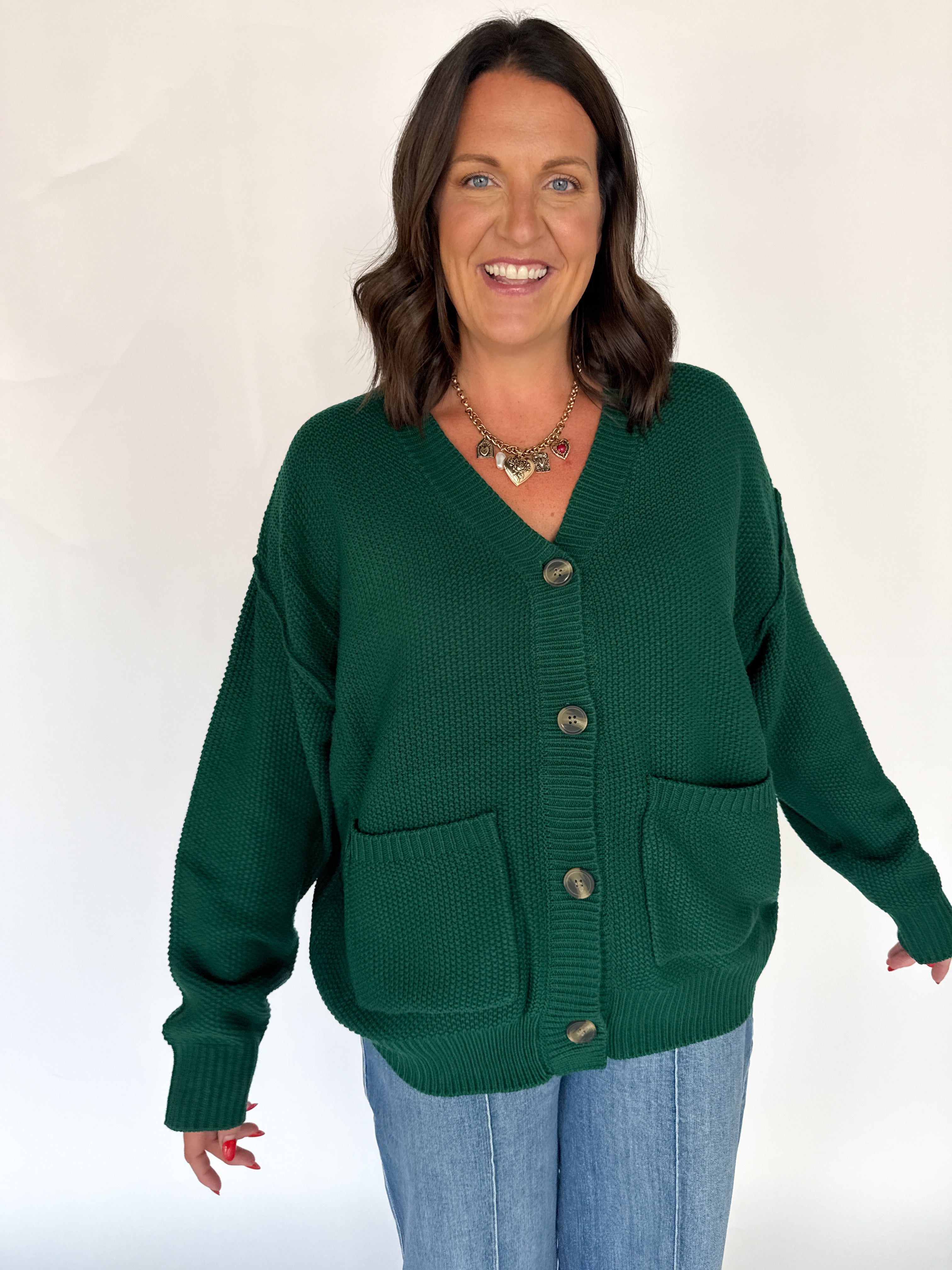 V Neck Waffleknit Cardigan- Dark Green - Ana Patricia Boutique