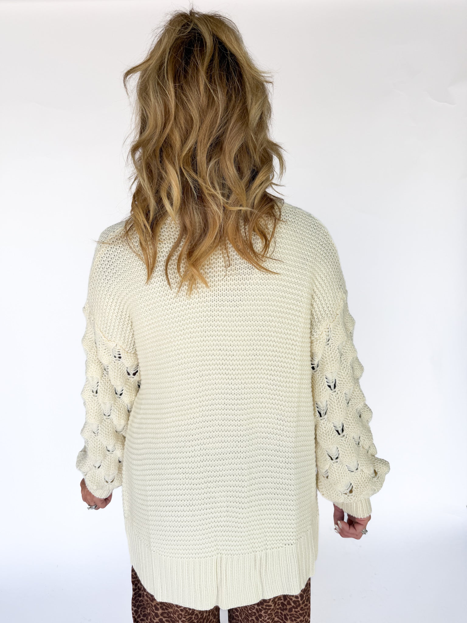 Bubble Sleeve Open Front Cardigan- Cream - Ana Patricia Boutique