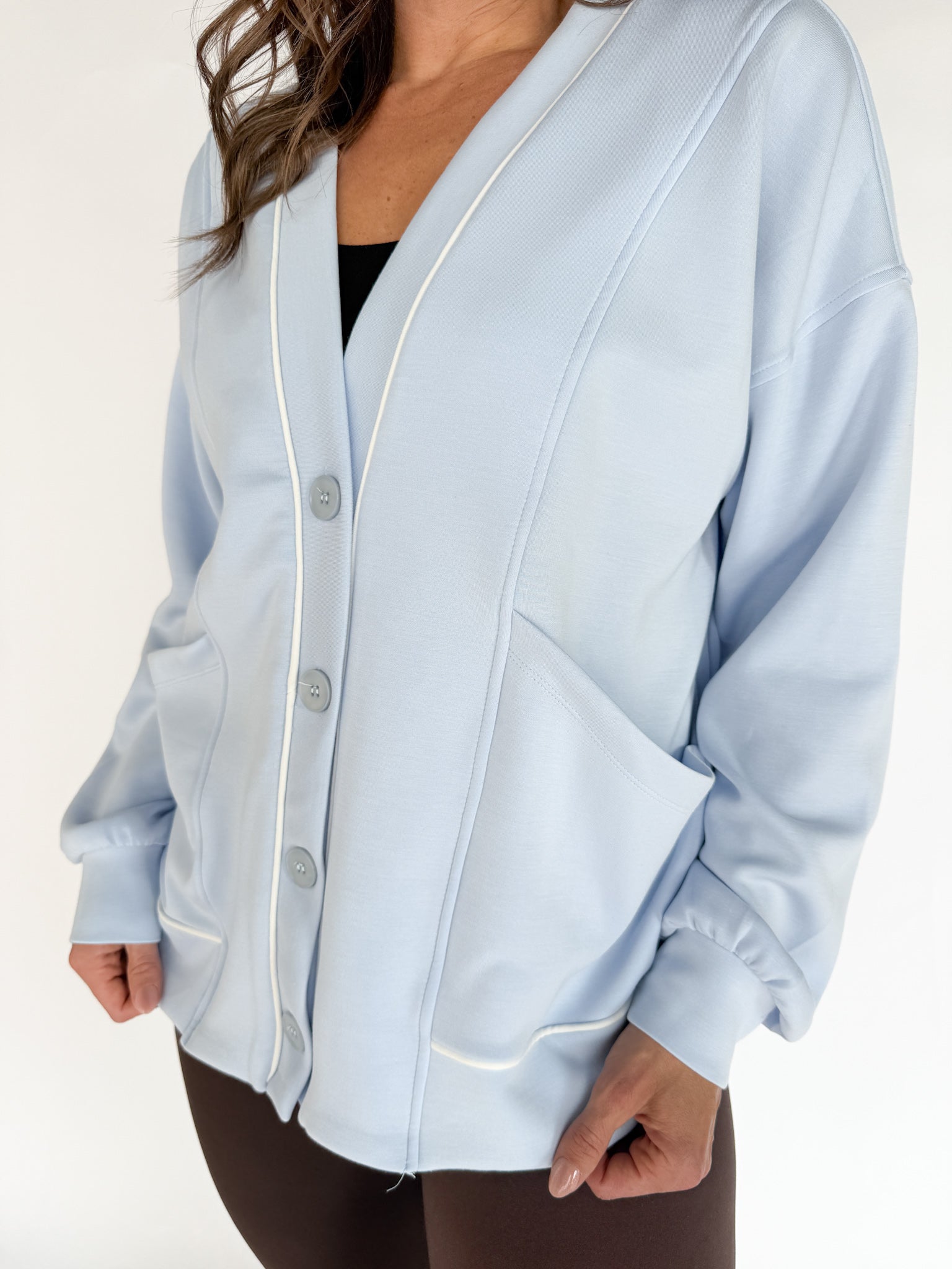 Scuba Piping Cardi- Blue/Cream - Ana Patricia Boutique