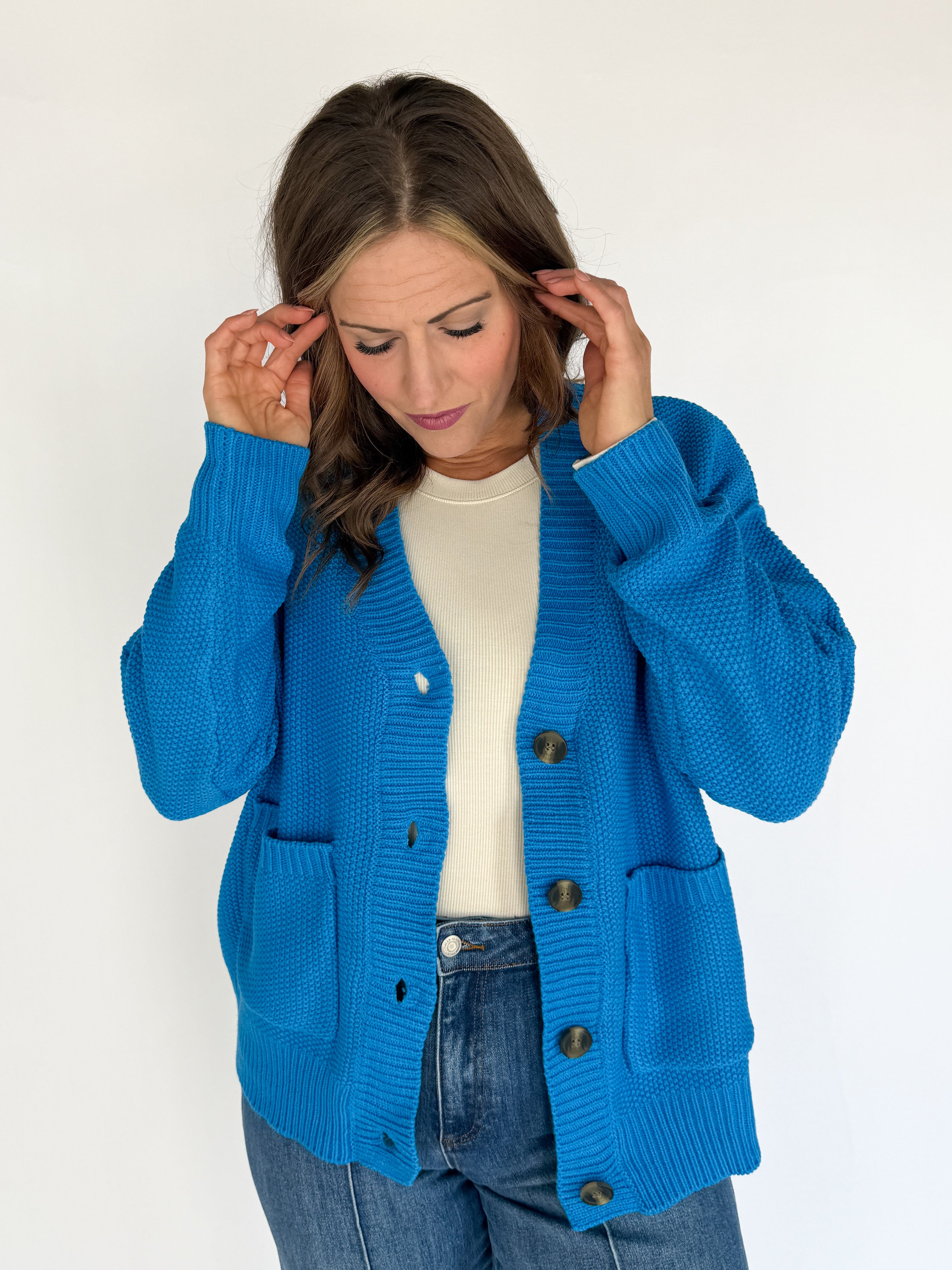 V Neck Waffleknit Cardigan- Blue - Ana Patricia Boutique