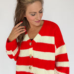 Stripe V Neck Cardigan- Red/Ivory - Ana Patricia Boutique