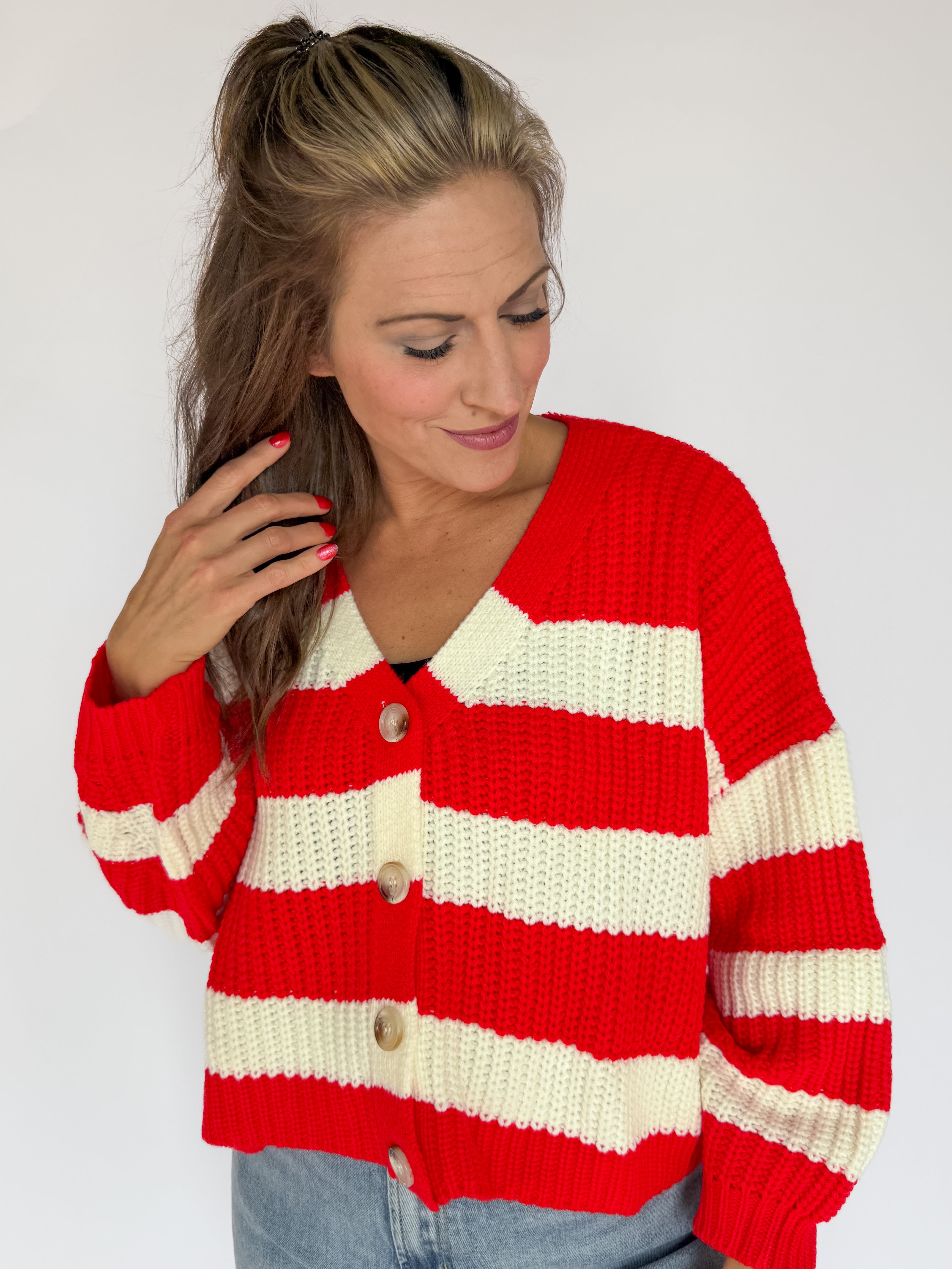 Stripe V Neck Cardigan- Red/Ivory - Ana Patricia Boutique