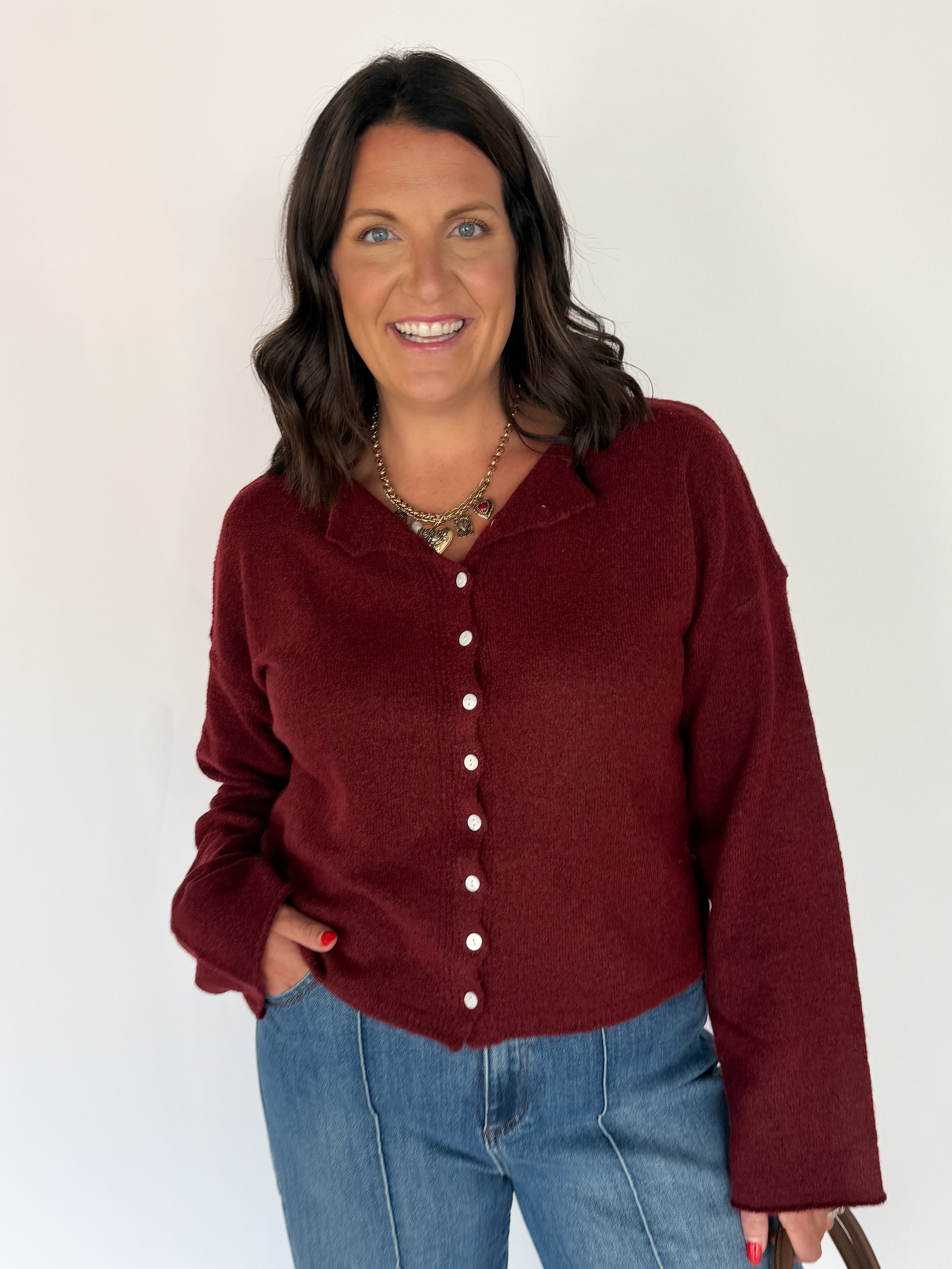 Classic Button Cardigan Top- Burgundy - Ana Patricia Boutique