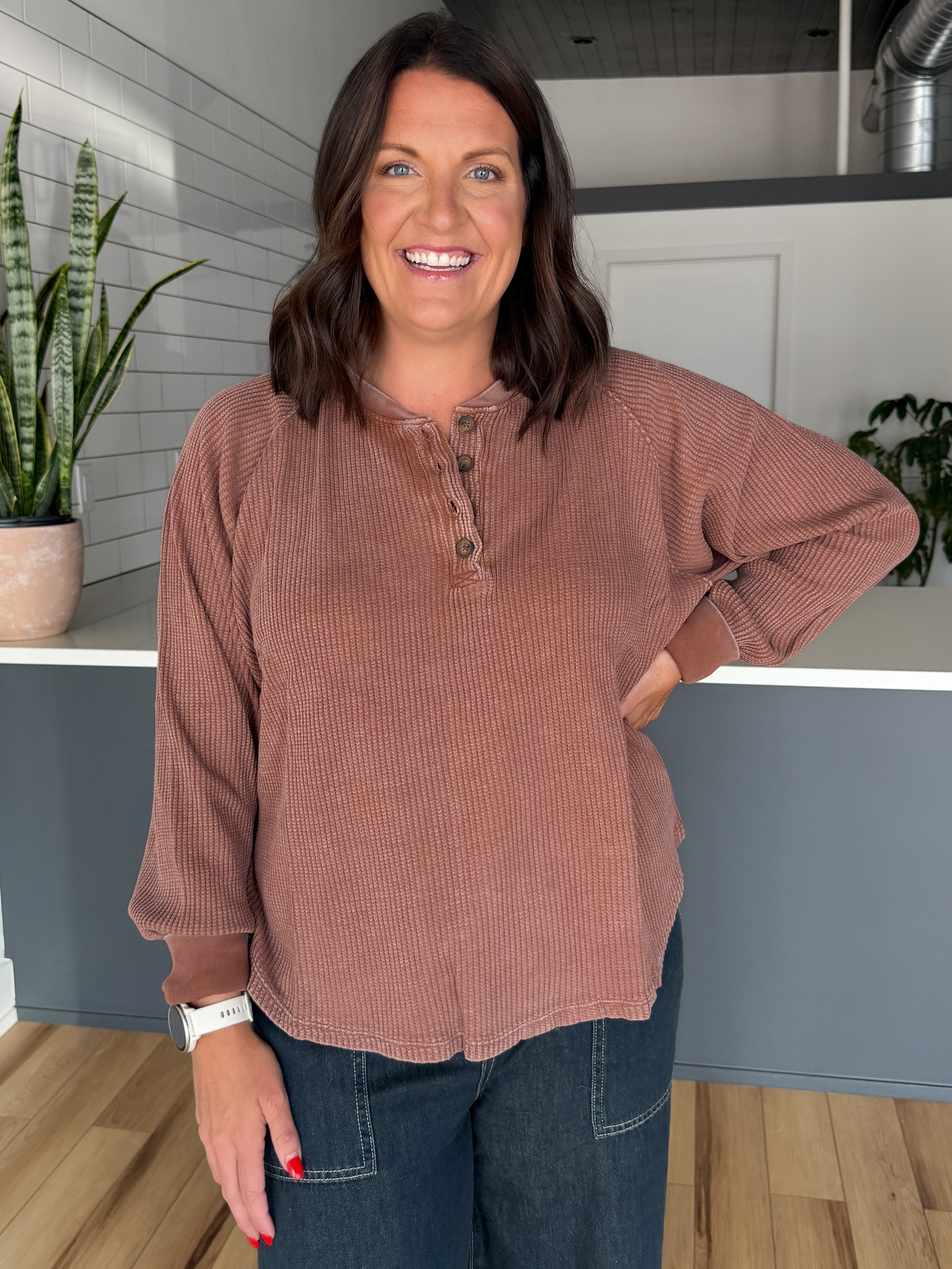 Washed Henley Top- Chestnut - Ana Patricia Boutique