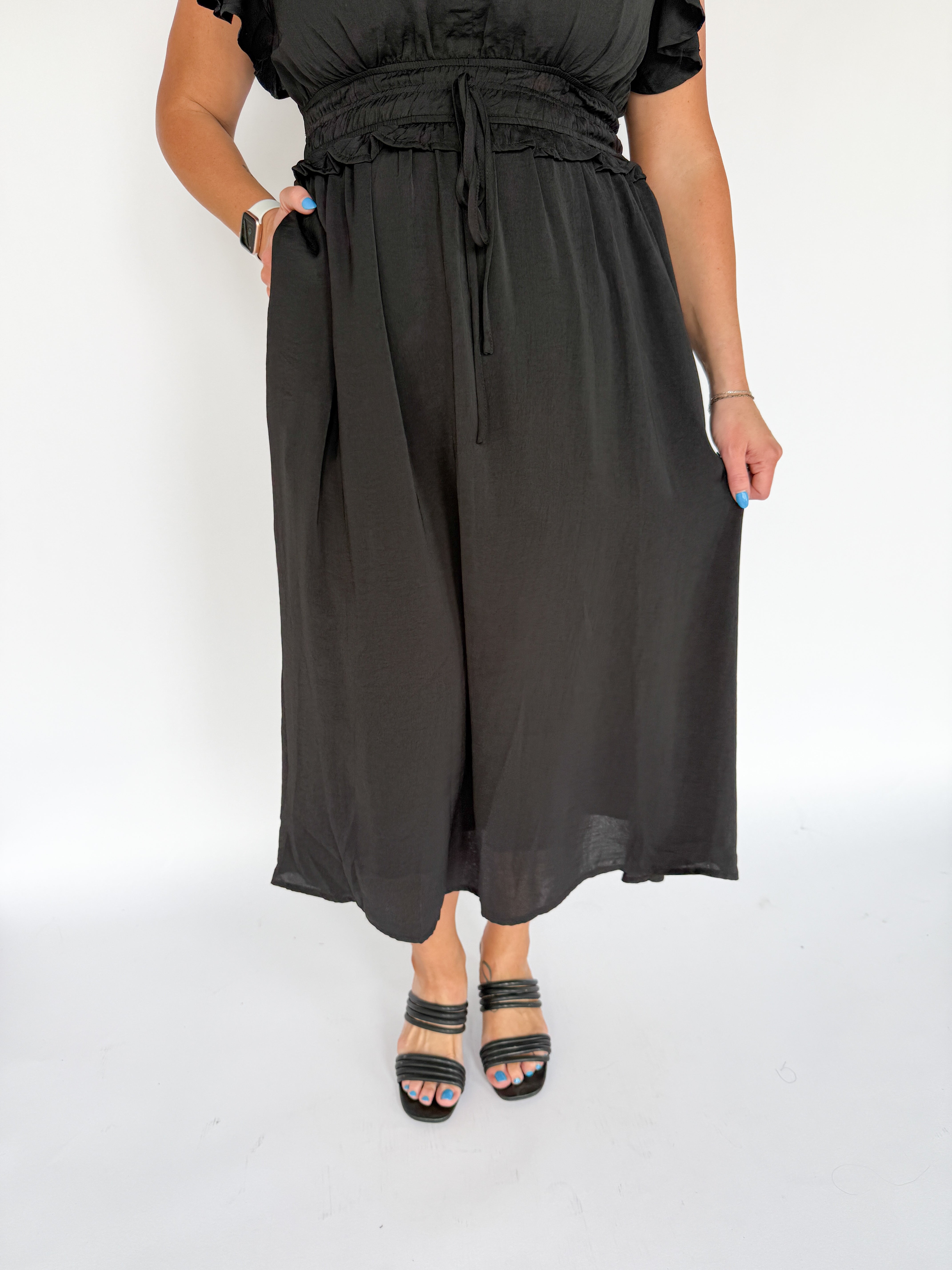 Flutter Sleeve Midi Dress- Black - Ana Patricia Boutique