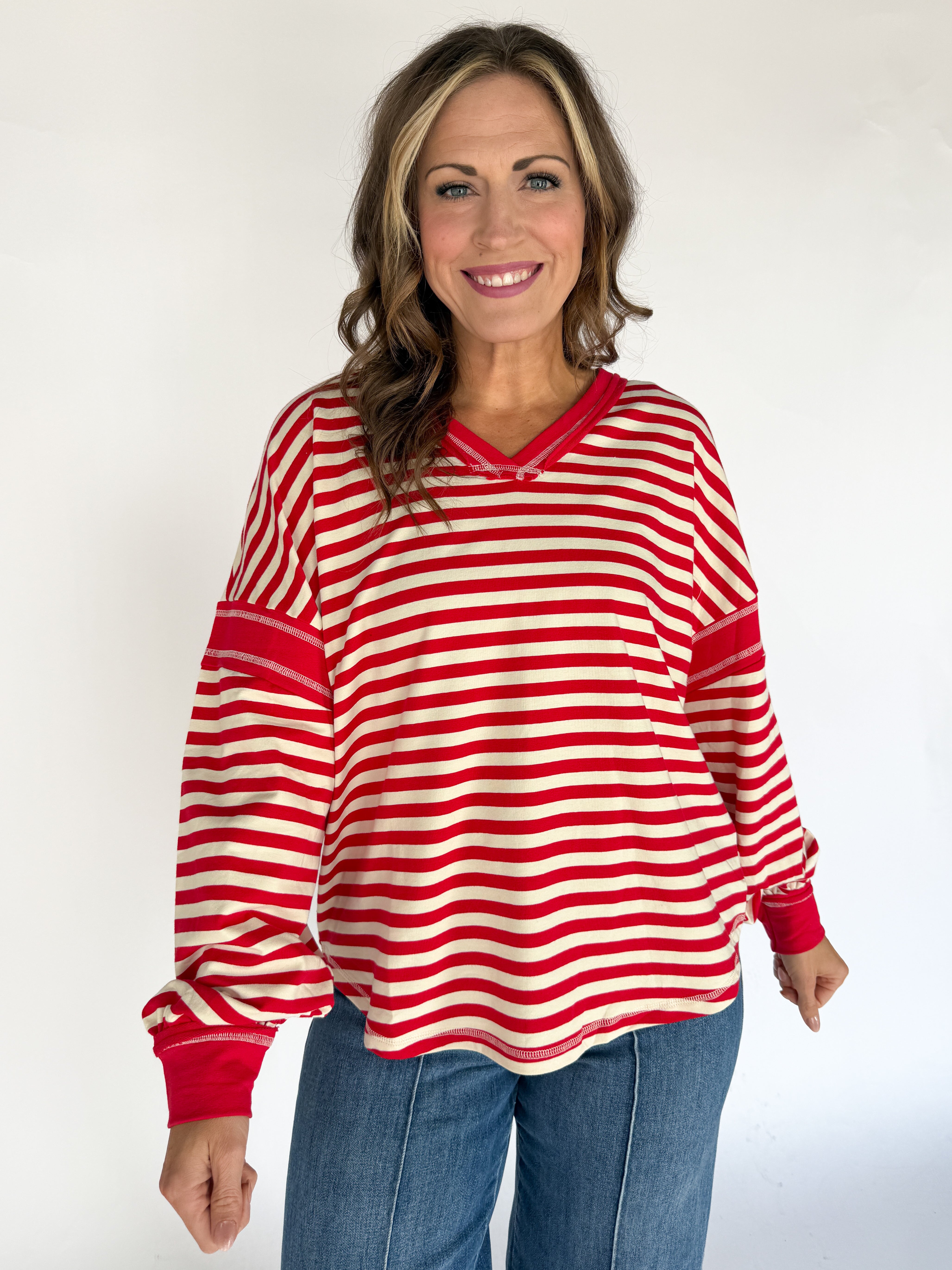Balloon Sleeve Stripe Pullover- Red/Cream - Ana Patricia Boutique