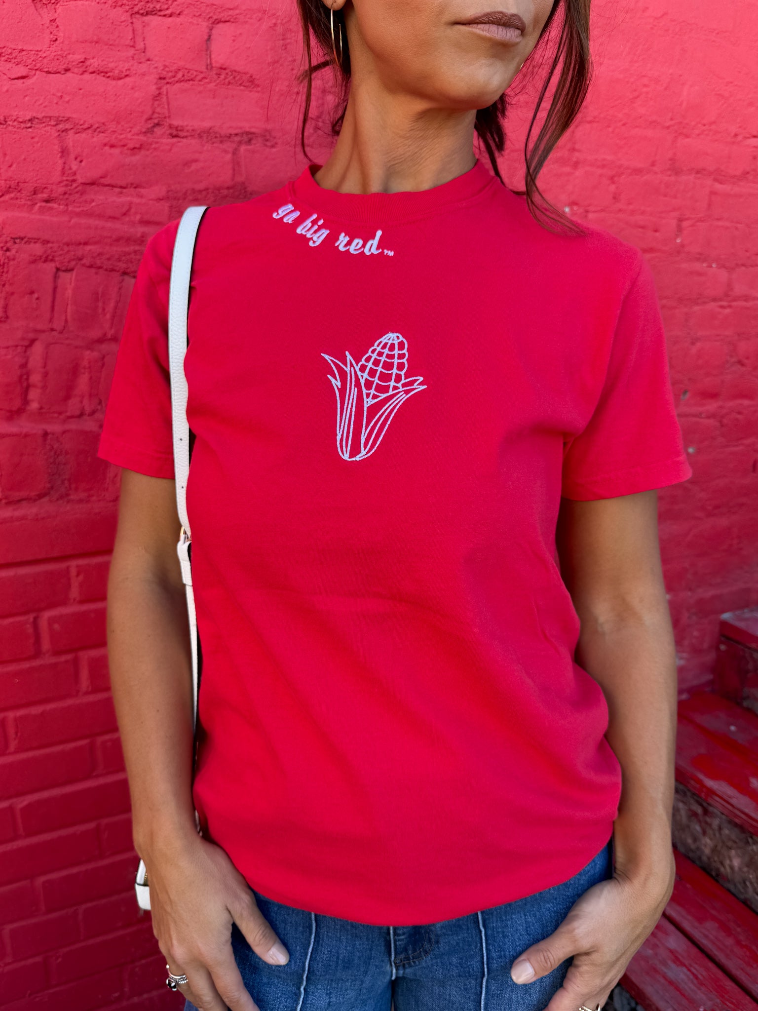 Go Big Red Embroidered Tee - Ana Patricia Boutique