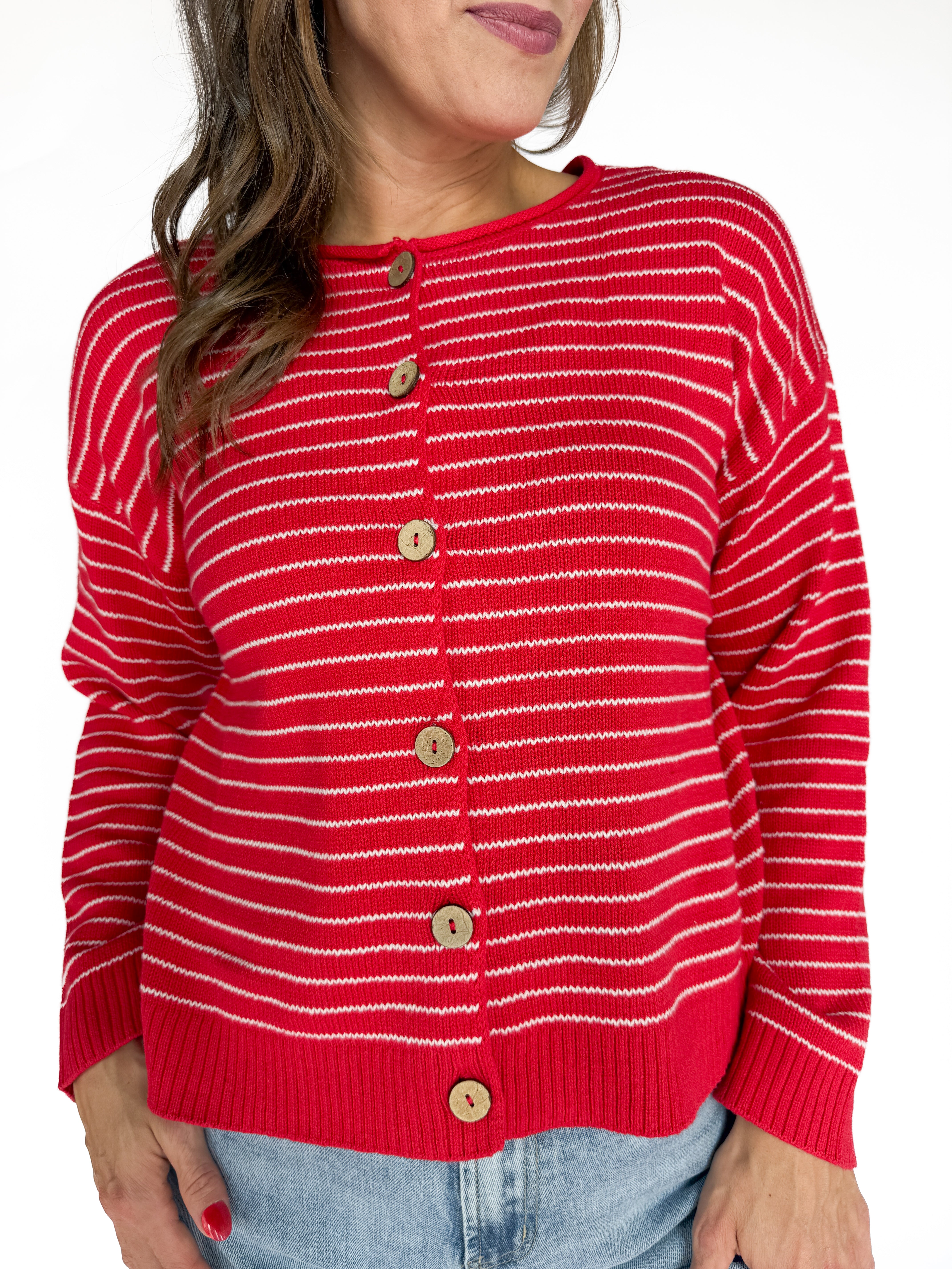 Stripe Button Cardigan -Red - Ana Patricia Boutique