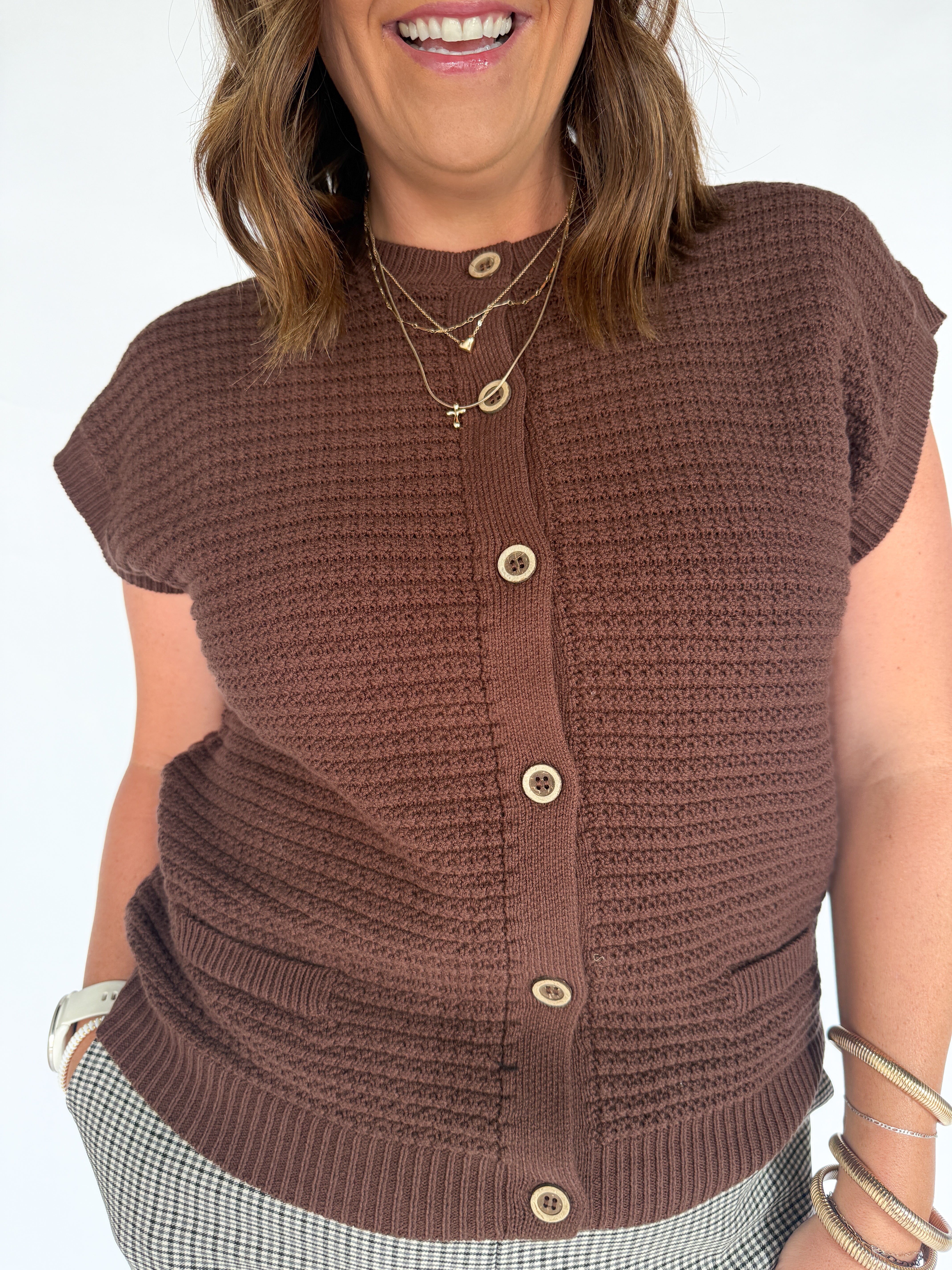 Button Down Cardigan Top- Brown - Ana Patricia Boutique
