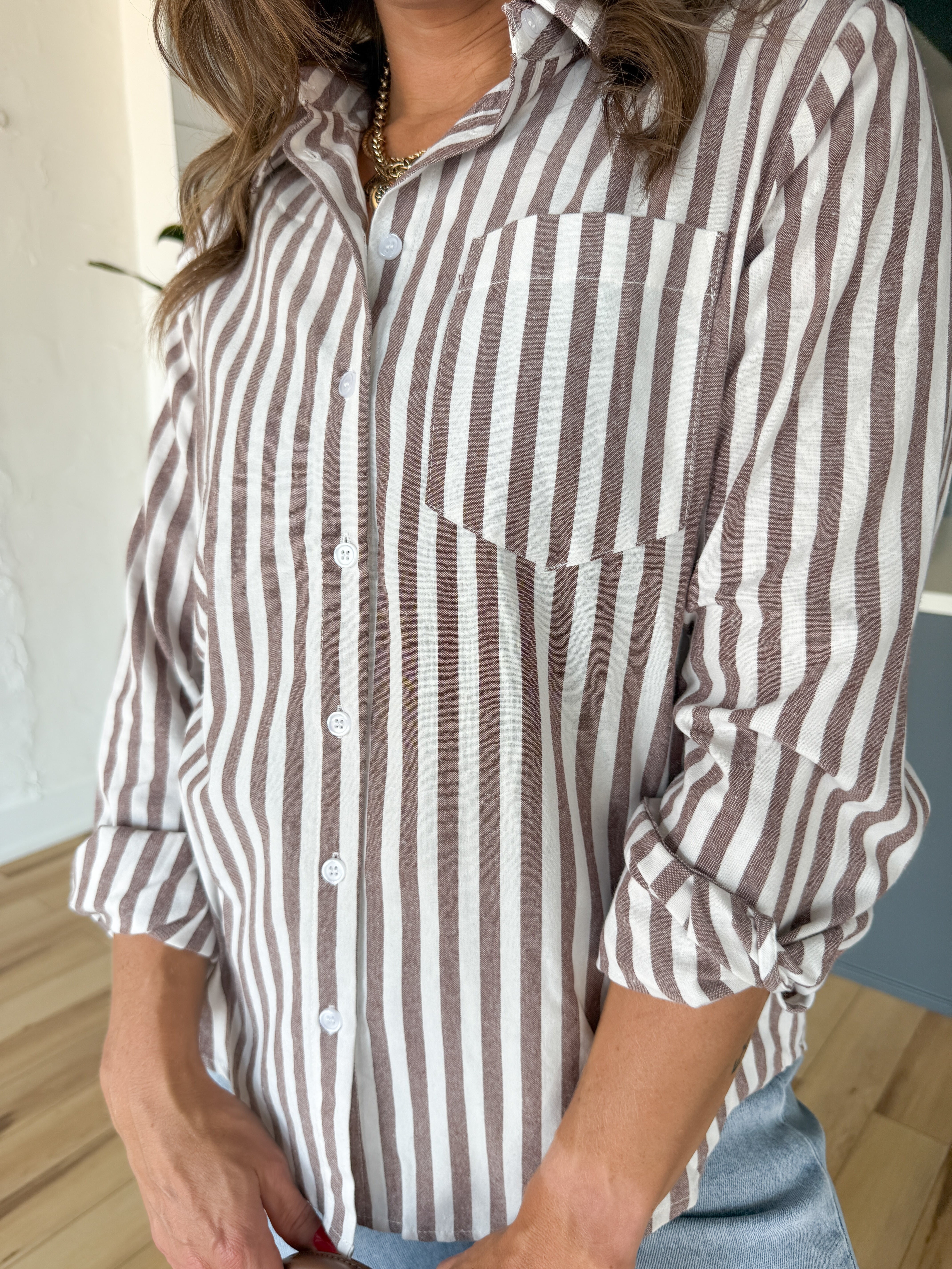 Stripe Button Down Top- Brown - Ana Patricia Boutique