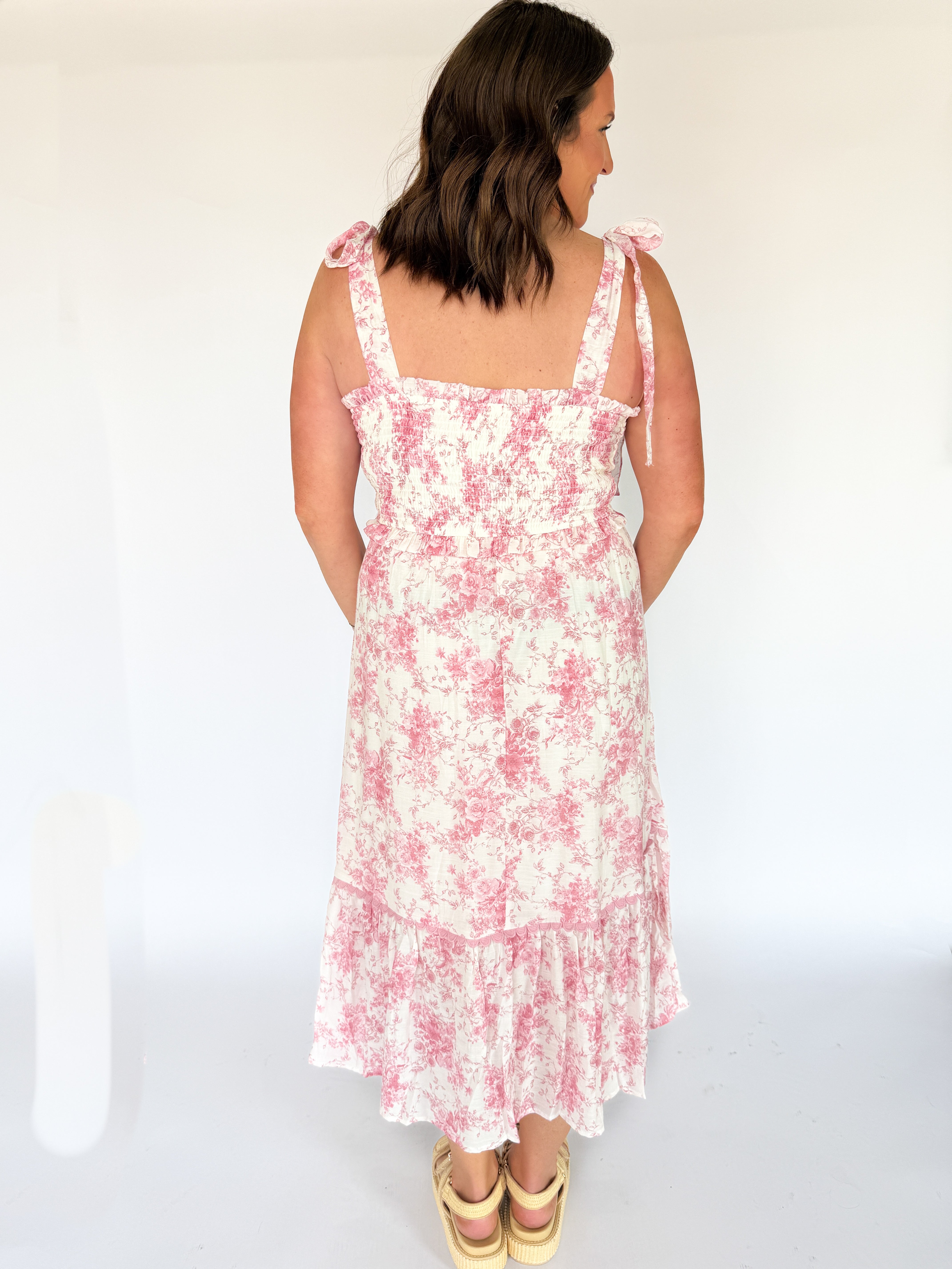Floral Smocked Ruffle Trim Dress- Pink - Ana Patricia Boutique