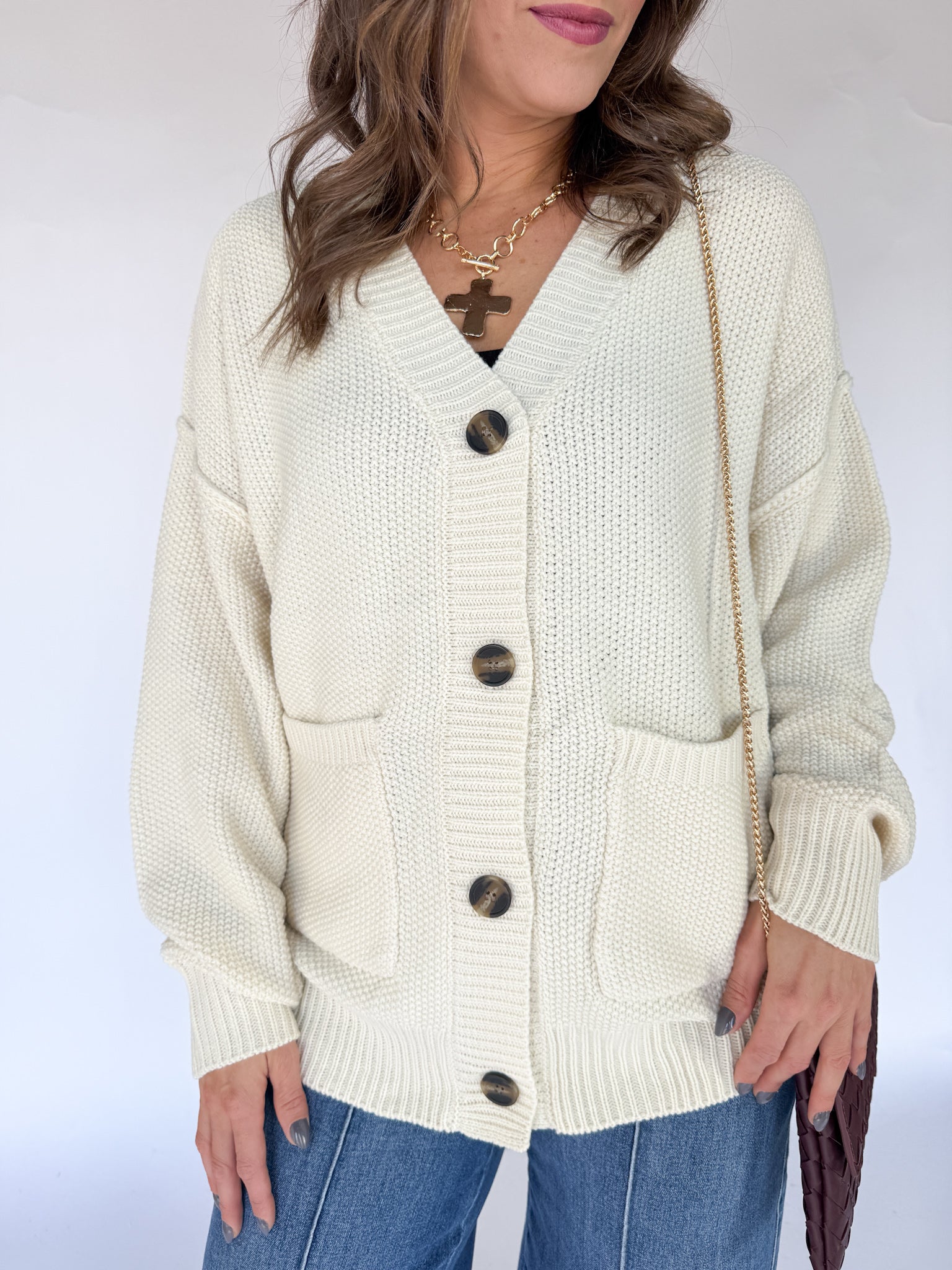 V Neck Waffleknit Cardigan- Ivory - Ana Patricia Boutique