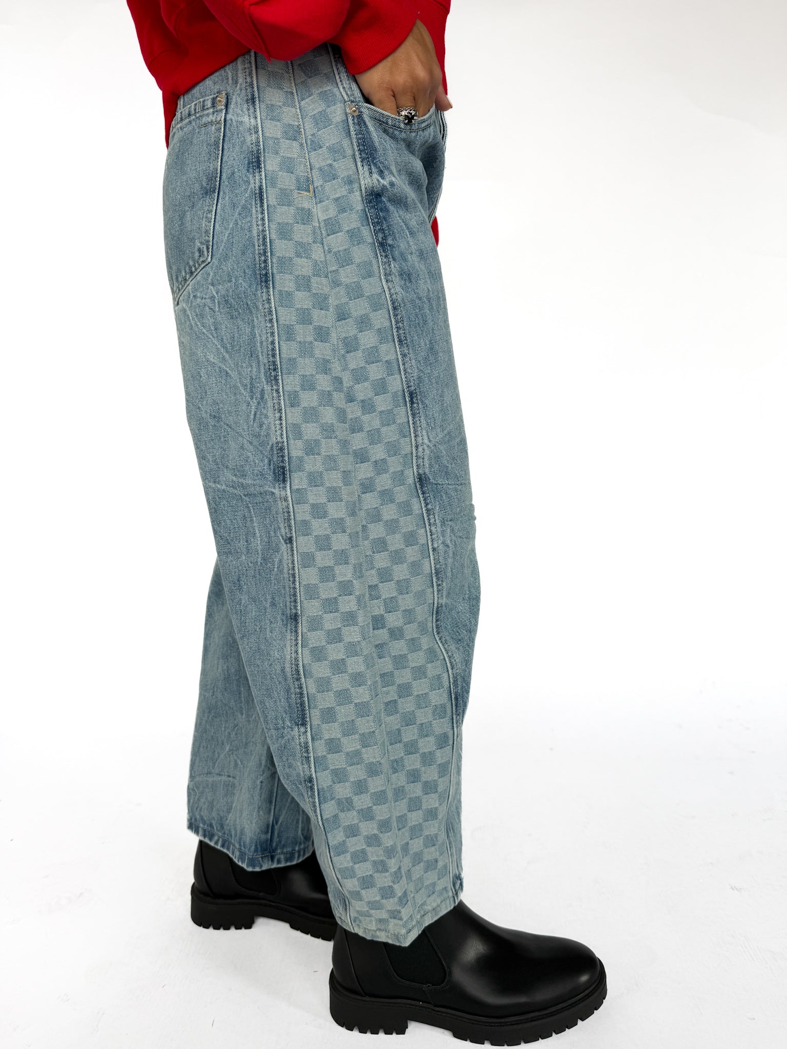 Checkered Side Barrel Jeans - Ana Patricia Boutique