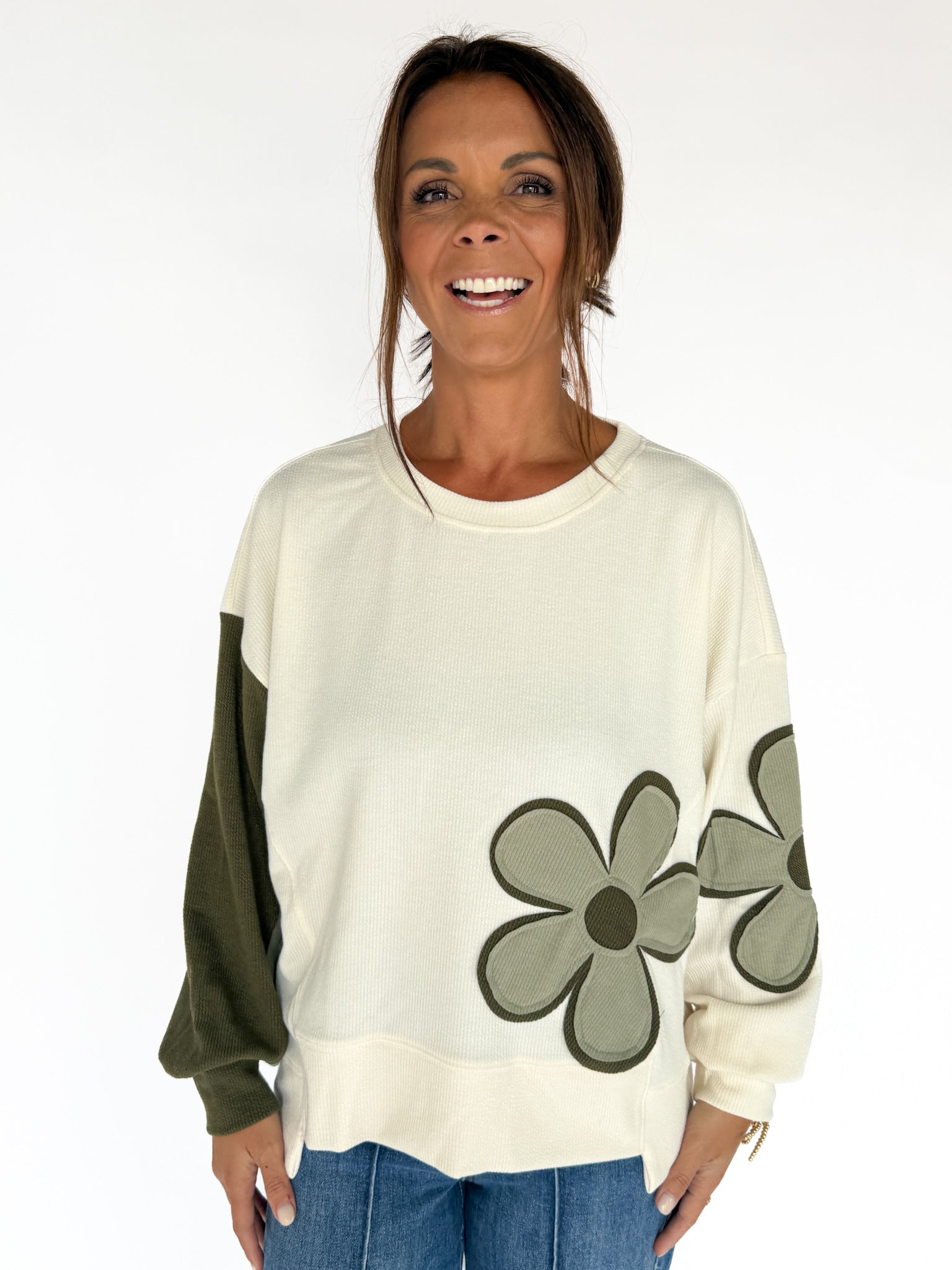 Flower Patchwork Pullover - Ivory/Olive - Ana Patricia Boutique