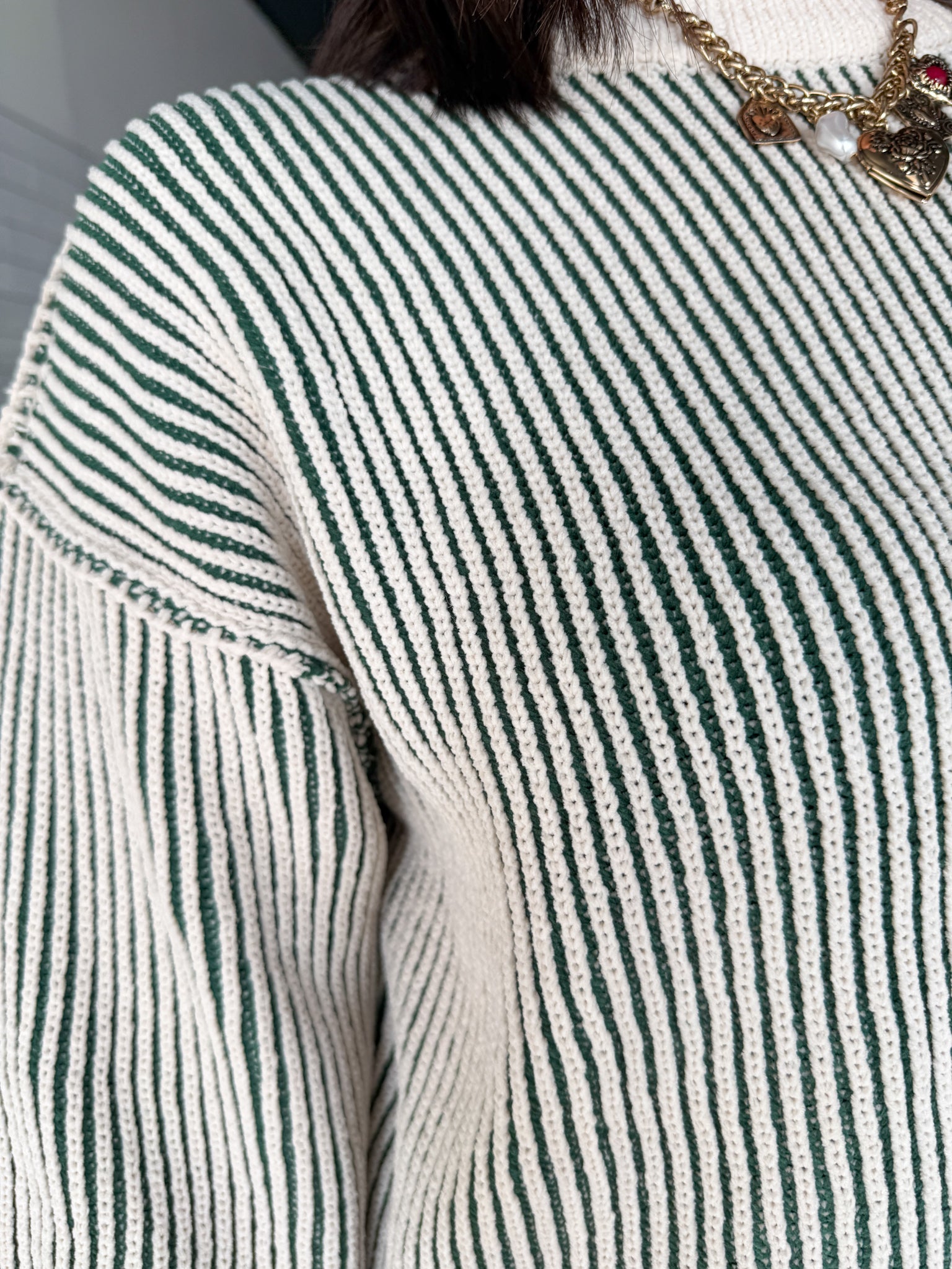 Two Tone Crewneck Sweater- Dk. Green - Ana Patricia Boutique