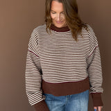 Contrast Trim Stripe Knit Sweater-Brown