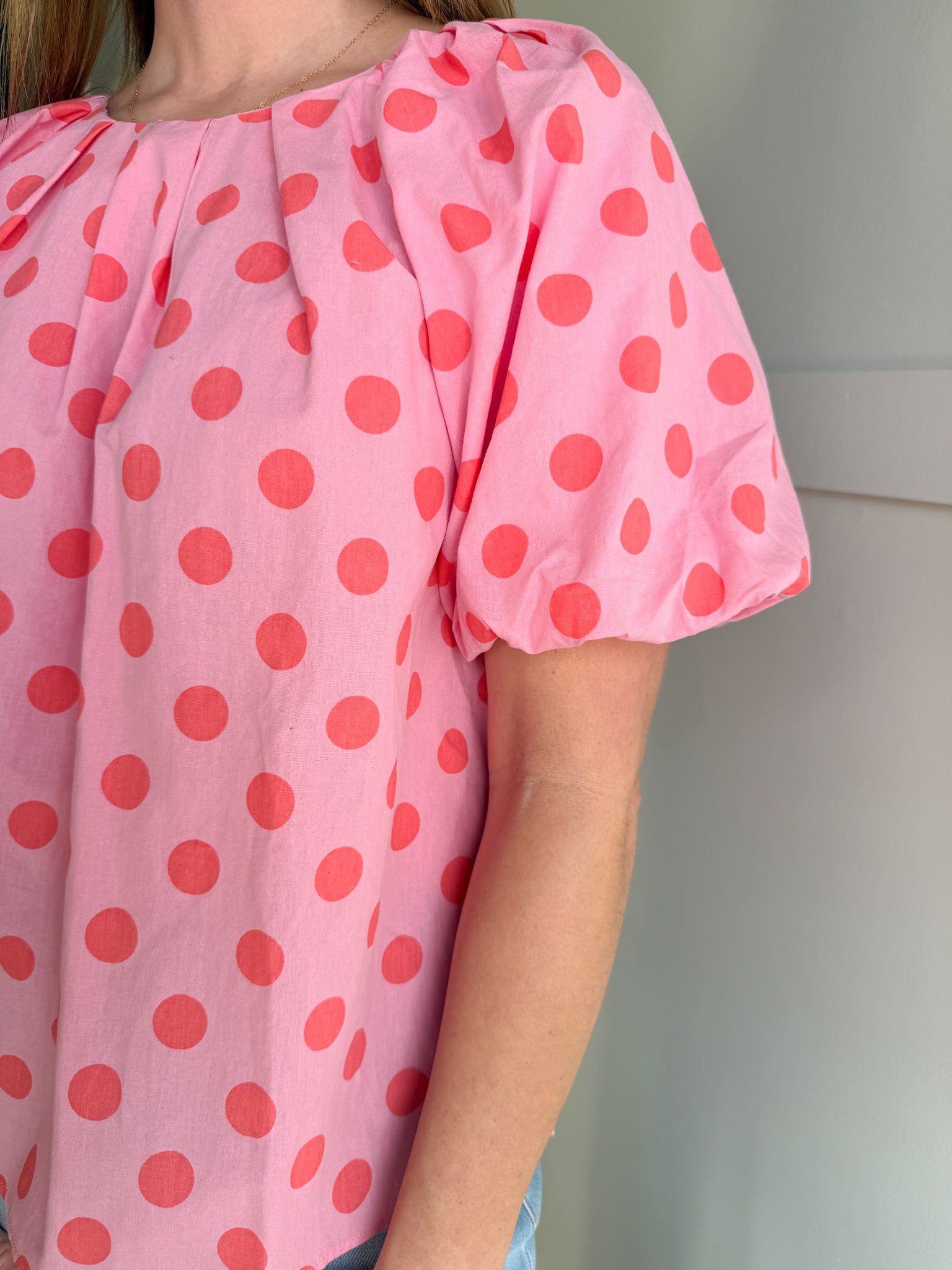 Polka Dot Bubble Sleeve Top- Pink - Ana Patricia Boutique