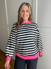 The Linda Stripe Pullover- Black/Pink