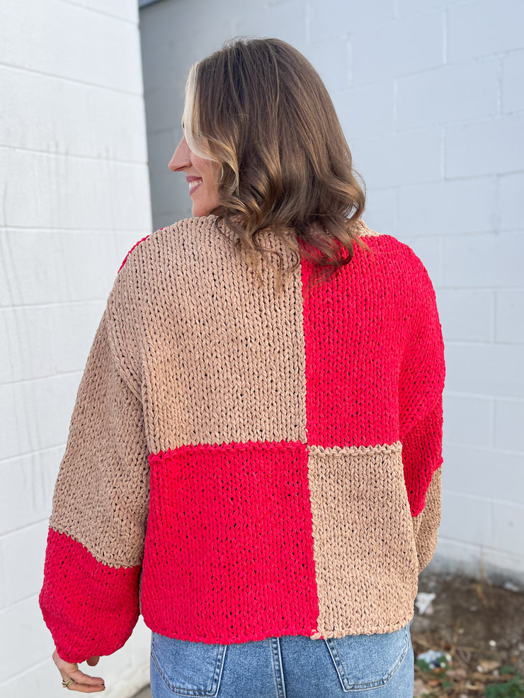 The April Sweater- Taupe/Coral Red