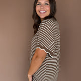 Scallop Trim Stripe Knit Top-Mocha