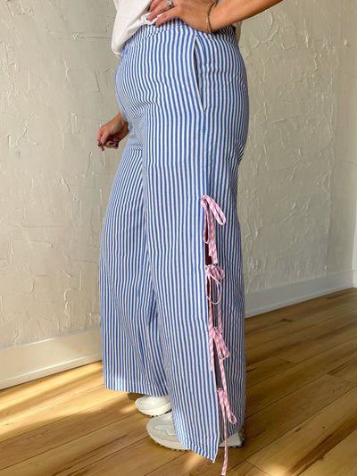 Striped Ribbon Tie Pants- Blue