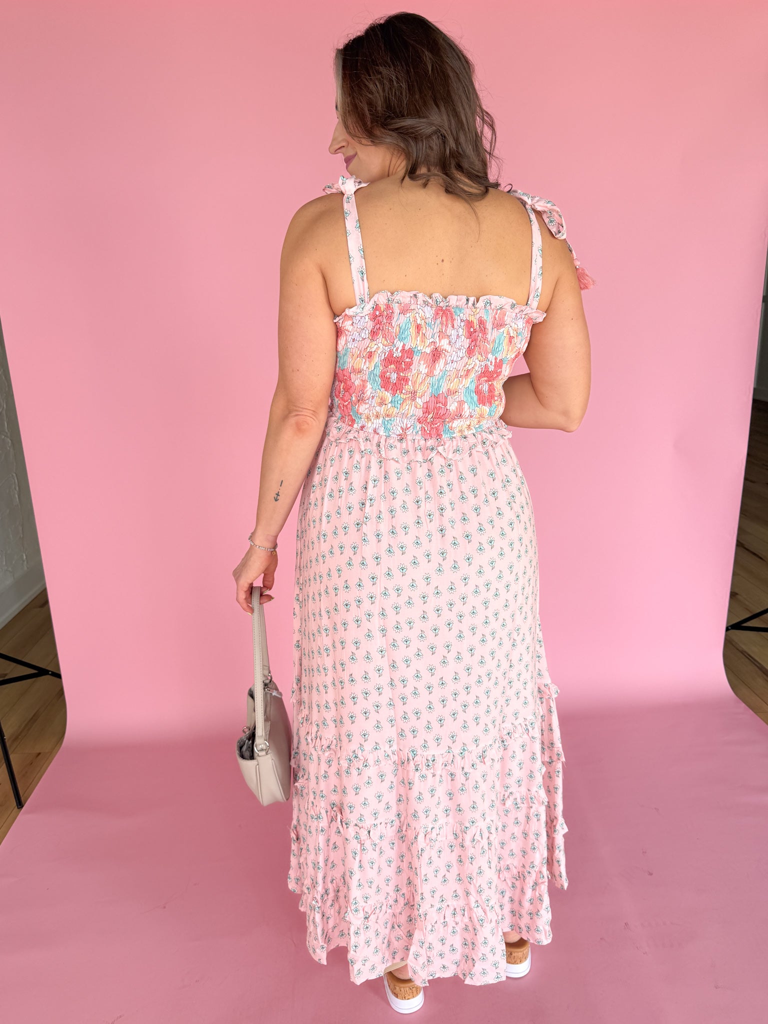 Floral Print Boho Smocked Dress- Pink/Peach - Ana Patricia Boutique