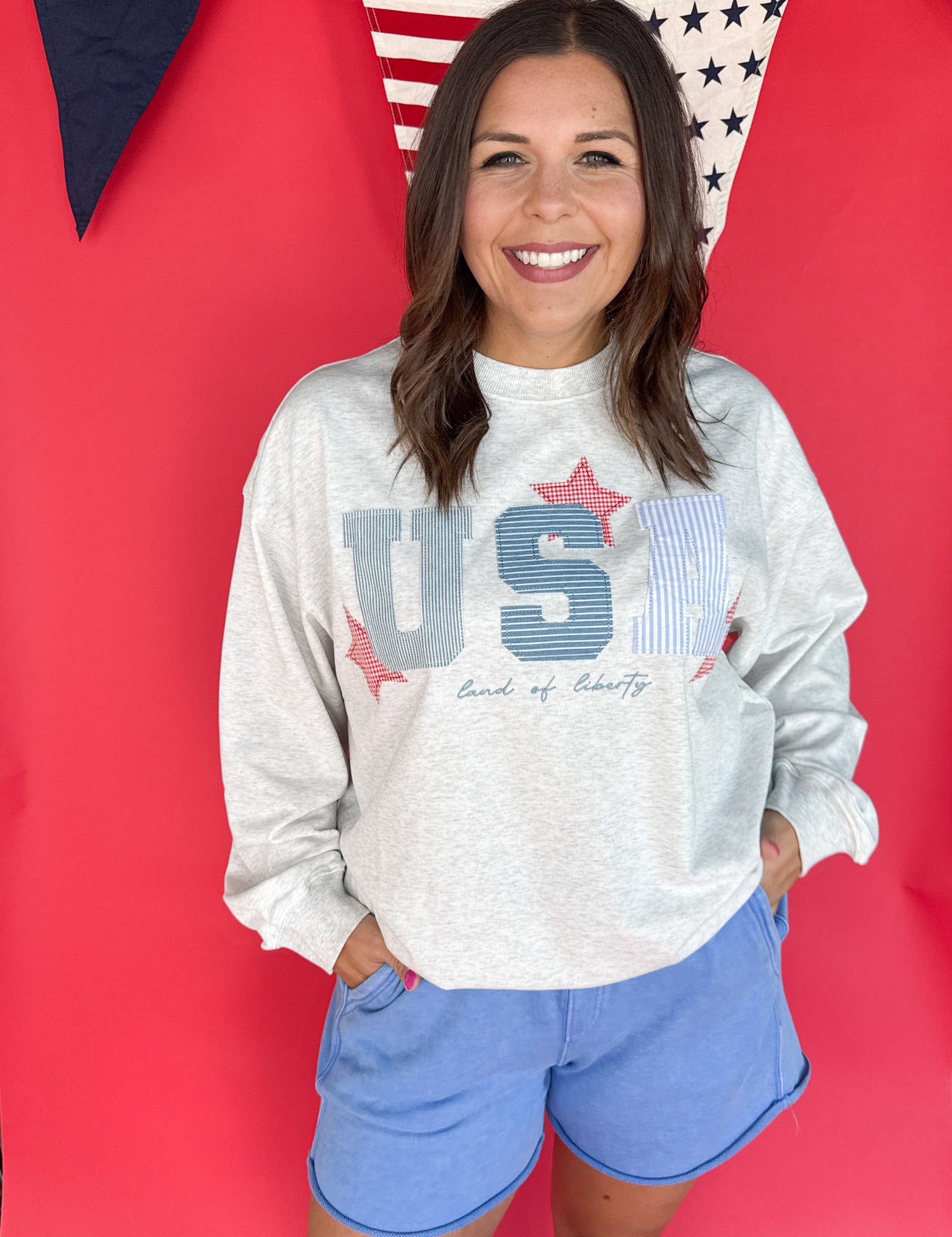 USA Patchwork Crewneck- Grey - Ana Patricia Boutique
