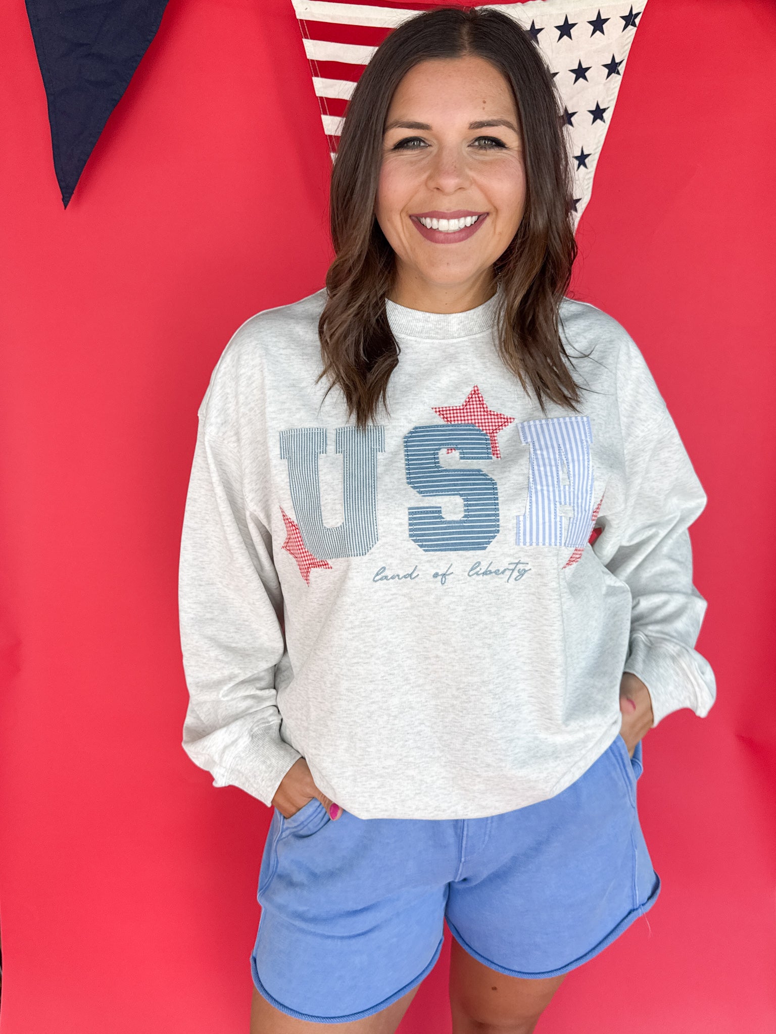 USA Patchwork Crewneck- Grey - Ana Patricia Boutique