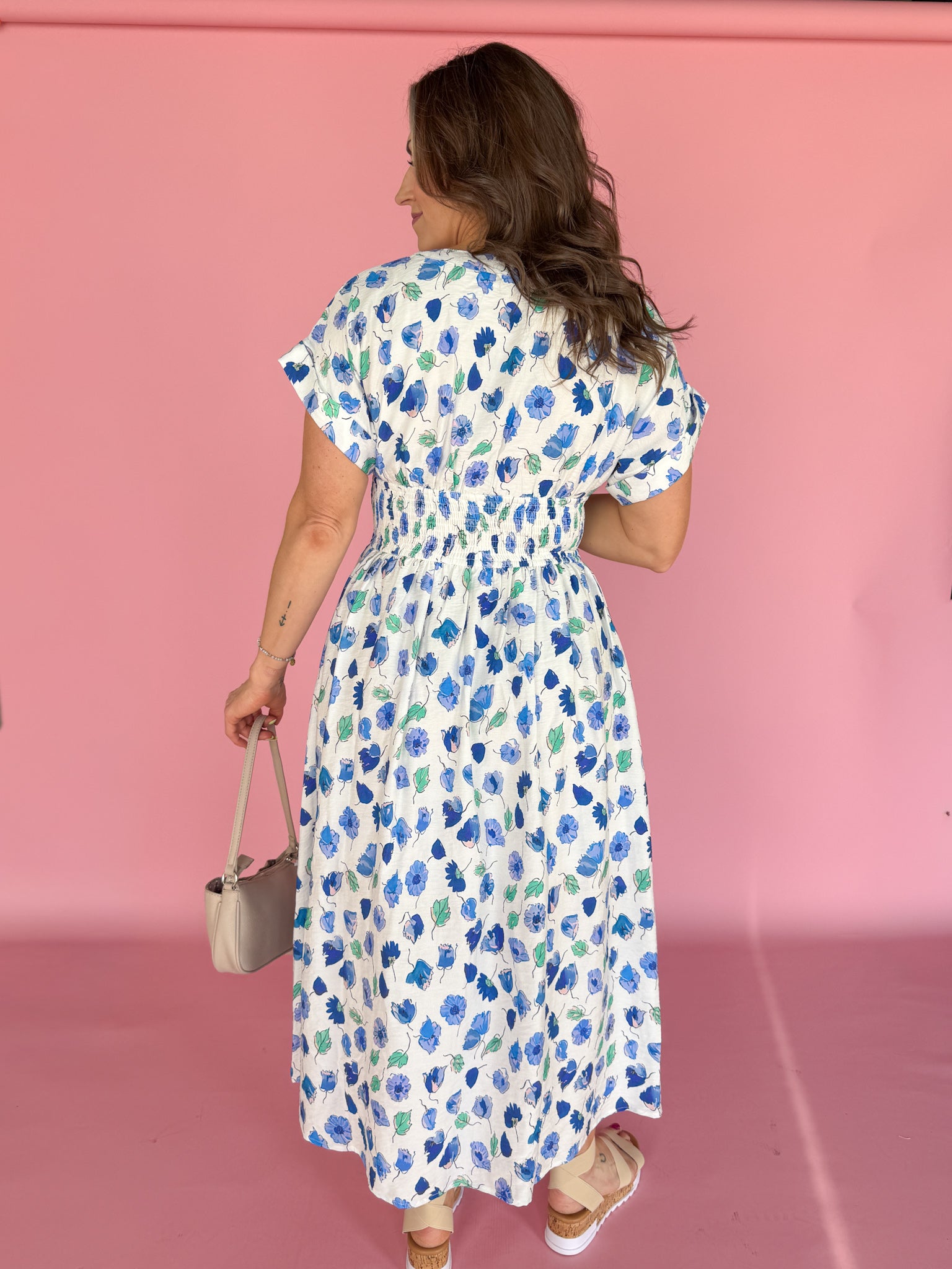 Floral Print Smocked Waist Midi Dress-White/Blue - Ana Patricia Boutique