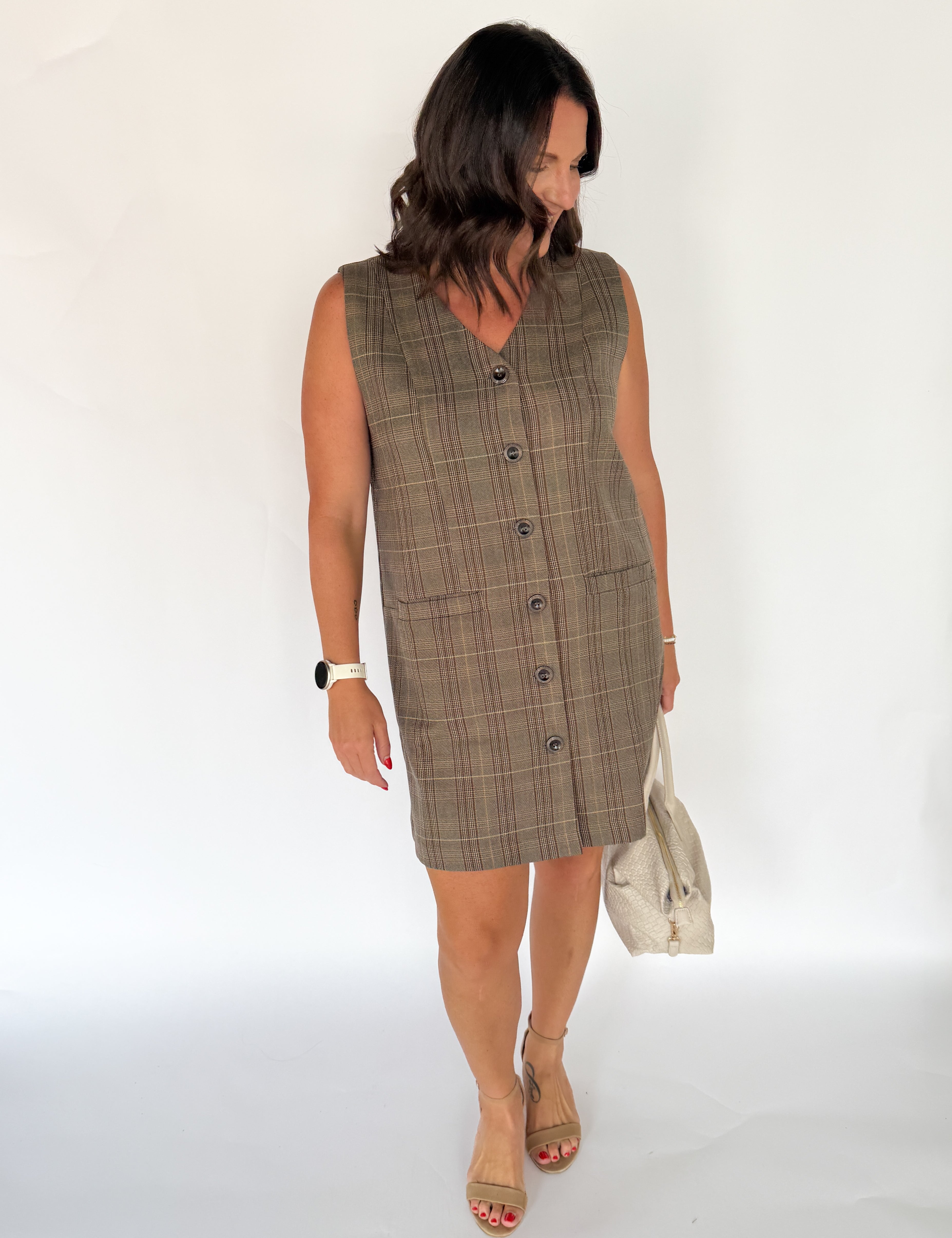 Button Down Plaid Dress- Brown - Ana Patricia Boutique