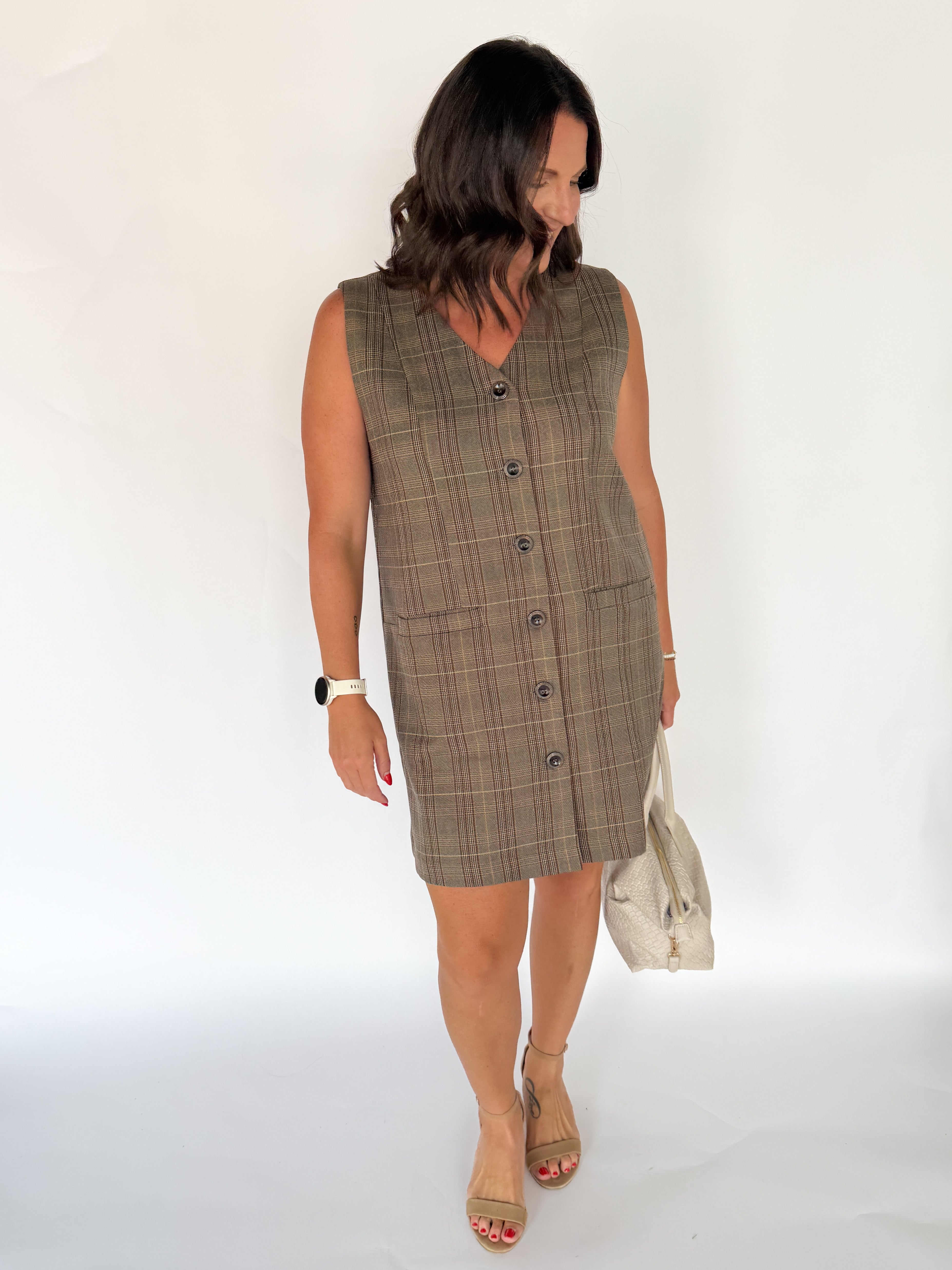 Button Down Plaid Dress- Brown - Ana Patricia Boutique
