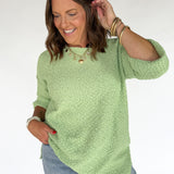 Textured 3/4 Sleeve Sweater- Lime