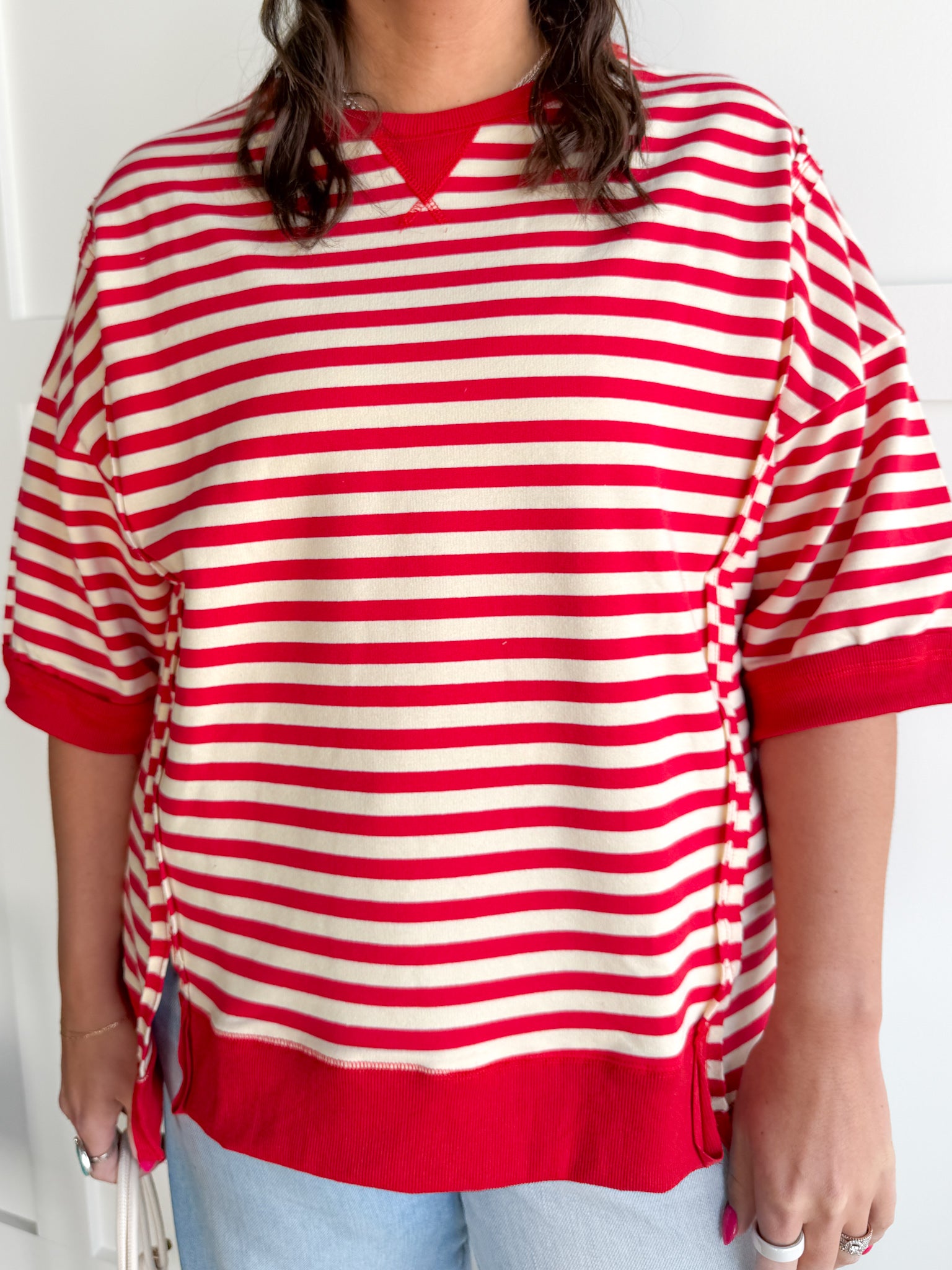 Striped Side Slit Top- Red/Cream - Ana Patricia Boutique