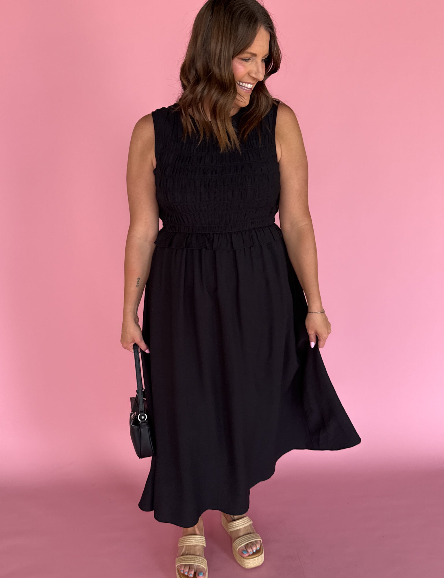 Smocked Bodice Midi Dress- Black – Ana Patricia Boutique