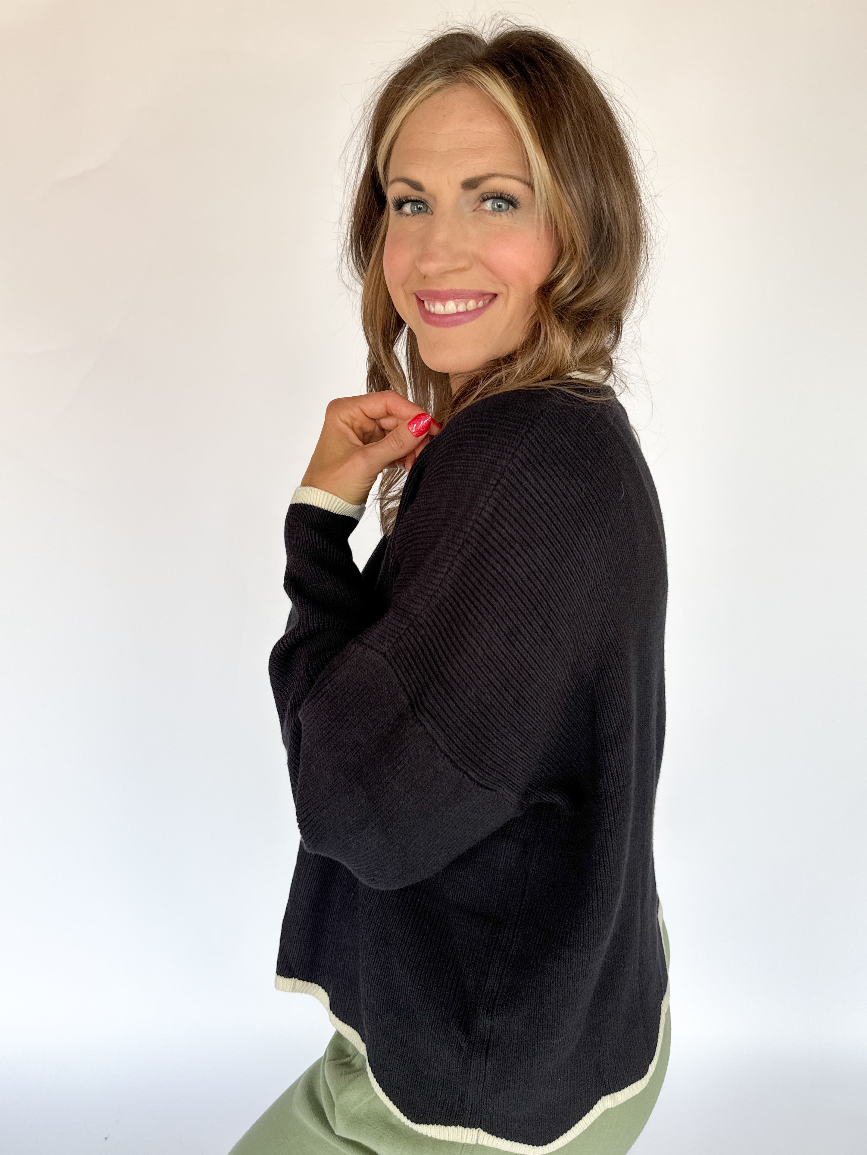 Wavy Hem Sweater- Black - Ana Patricia Boutique