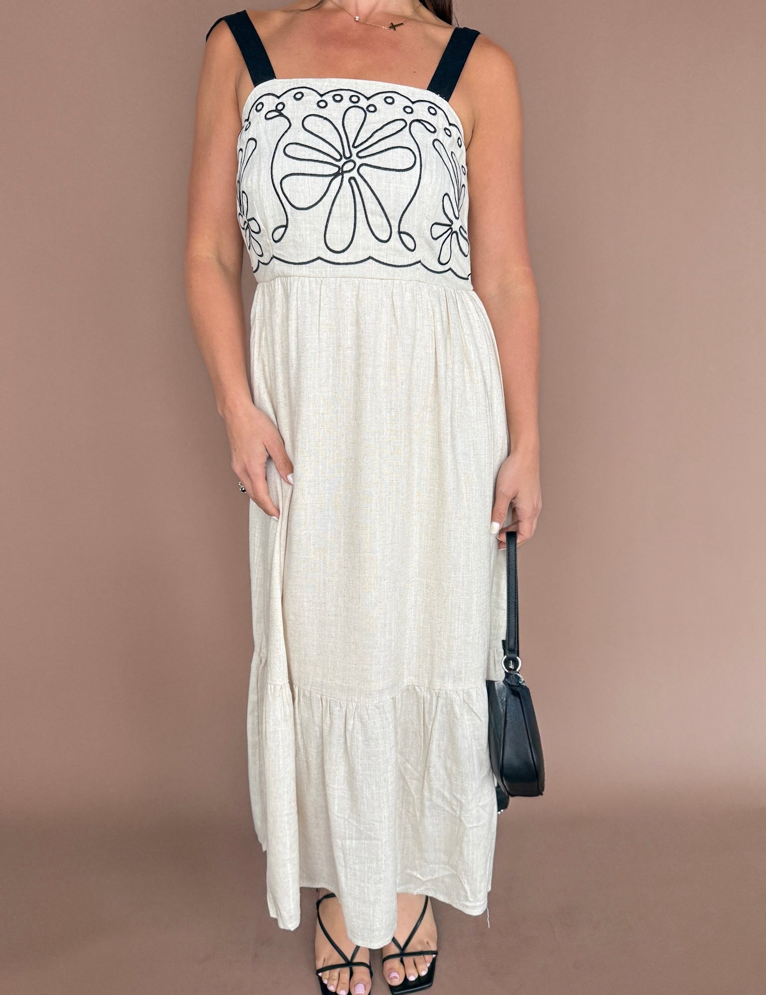 Embroidery Detail Midi Dress- Oatmeal - Ana Patricia Boutique