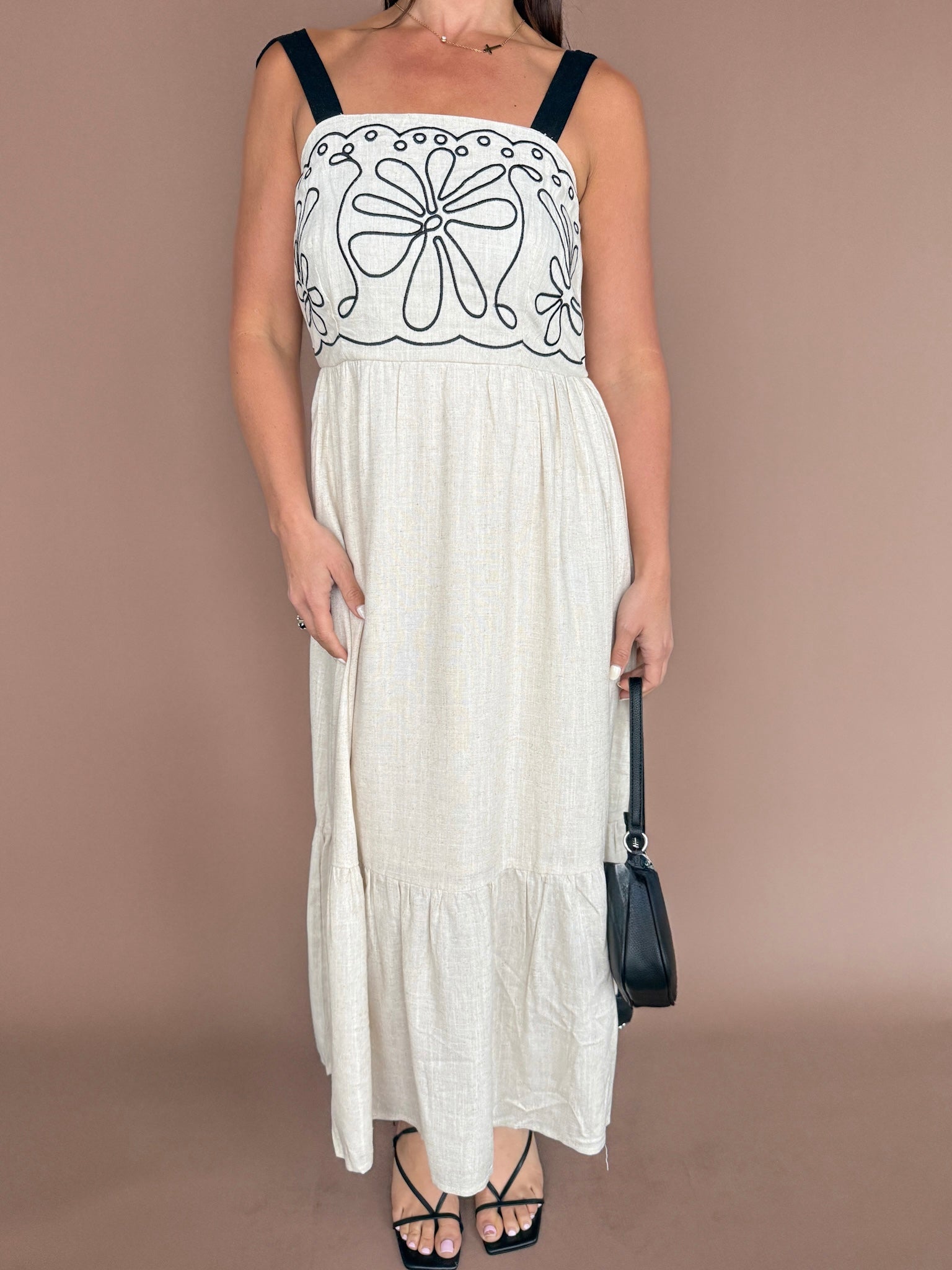 Embroidery Detail Midi Dress- Oatmeal - Ana Patricia Boutique