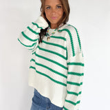 Boat Neck Stripe Sweater-Green